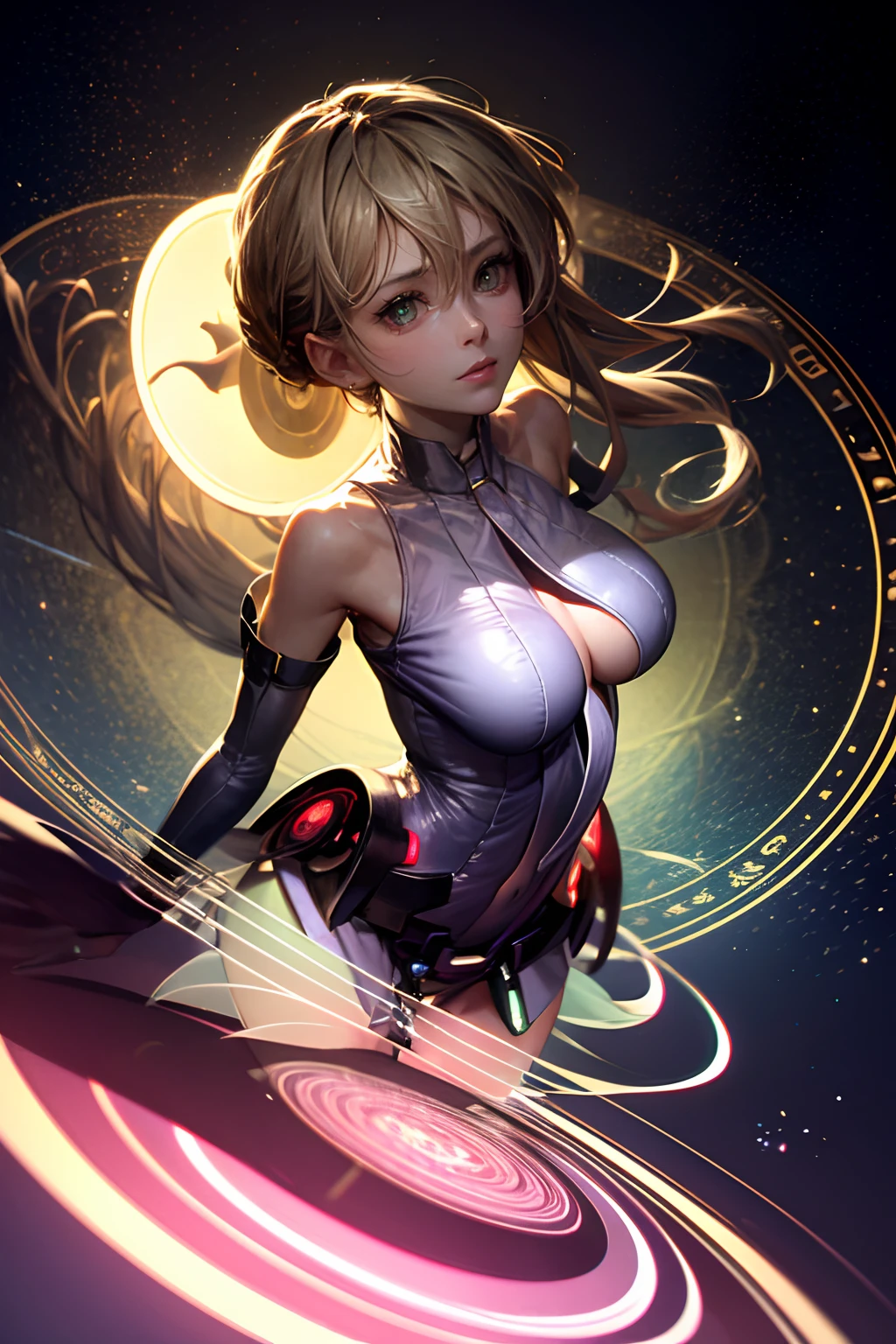 (Obra maestra:1.2), (La mejor calidad:1.2), Perfect lighting, Chica Maga Oscura lanzando un hechizo, flotando en el aire, Levitating over a magic circle , Portal re Circle, tetas grandes, escote abierto, fondo de magia. Corazones  en elcon alas de Fondo. Pose sejustiva y sexy