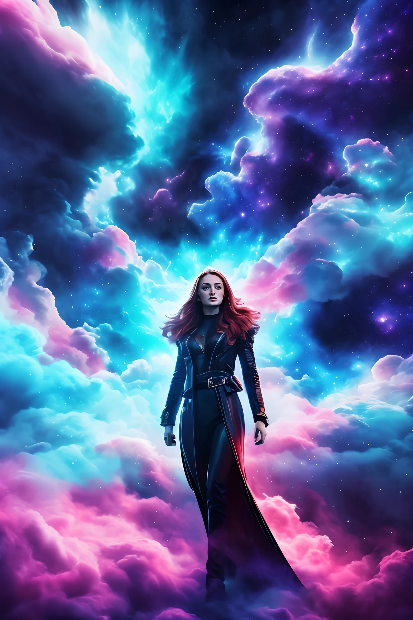 (Solo) Incredible and spectacular cloud figure Sophie Turner emergency scene in cosmic clouds, Chain of fractal nebulae, cosmic, Celestial, cosmic, A vibrant and vivid entity, whirly, Spinning, unreal, High contrast, Symbolism, magical, mistic, mistic, Hyper-realistic, Supersaturation, Colorful, 8K