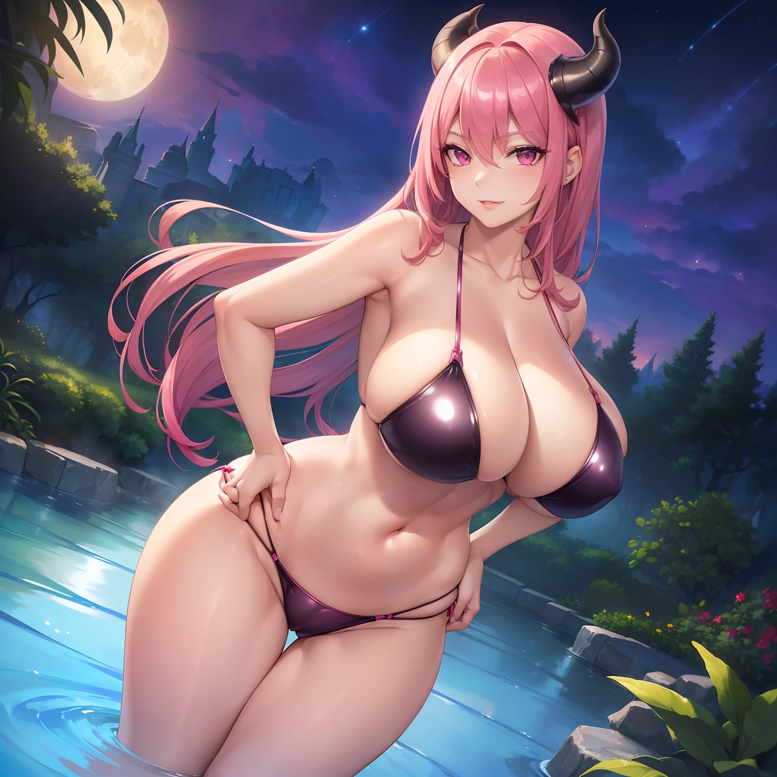 Masterpiece, best quality, ((((Solo mature woman)), pink hair, facing camera, (pink eyes), large chest, seductive smile, (((wide hips and big boobs))) curvy physique, cleavage, (dark night outside), under a moon, (standing in a pond), (((wearing shiny two piece bikini)), ((very shiny skin)), beautiful eyes, perfect hands, (full lips), ((mature woman)), beautiful legs, demon horns, [alice], [janet], milf, ((adult)), hands on hips