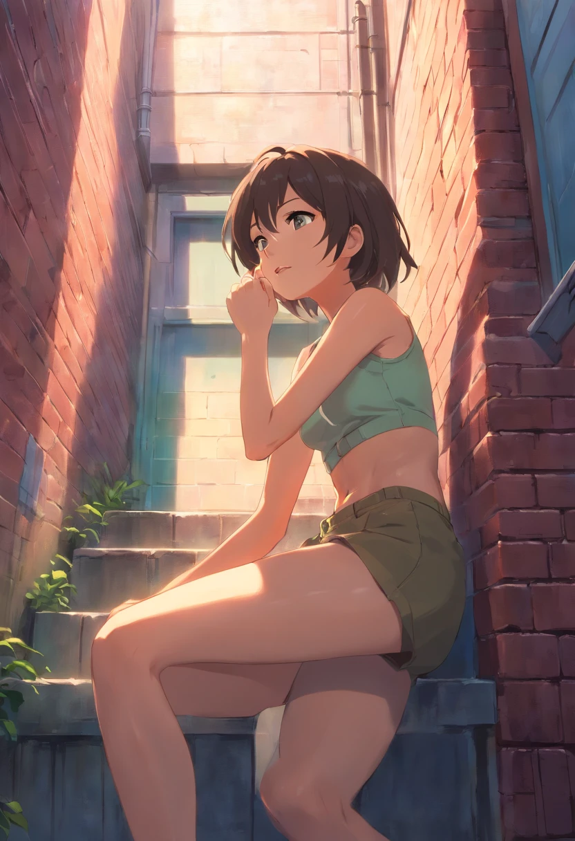 ((best quality)), ((masterpiece)), (detailed), perfect face, (((1 teen girl))), (((spaghetti strap pyjama top))), ((pyjama shorts)), (((suburban home))), ((view from below)), ((bare legs)), ((legs together)), (((peak up shorts)), ((sitting)), ((brown hair)), ((ponytail)), ((shy)), (((knees bent)))