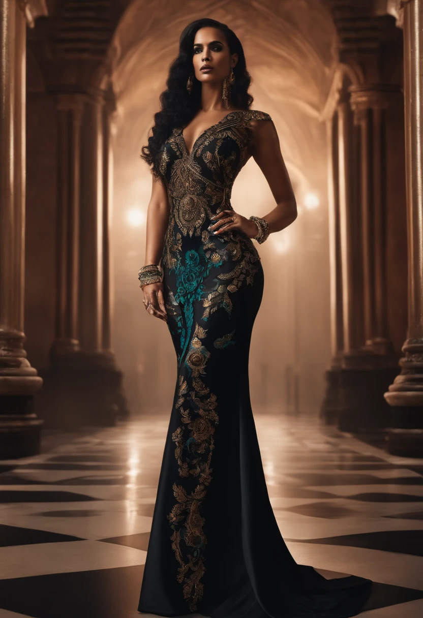 ((Masterpiece)), ((Best Quality)), (Very Detailed), (Very Detailed)), 4K, (8K), Best Quality, (Beautiful), Perfect Anatomy, Photo from Behind, Tempered Ass, Portrait Photo of African American Supermodel, Solo, (Dress of Intricate Workmanship in Indigo Color:1.3), Meticulously rendered face, Beautiful eyes, Feminine physique, Goddess of Beauty, Unreal Engine, Octane Rendering, Movie Lighting,