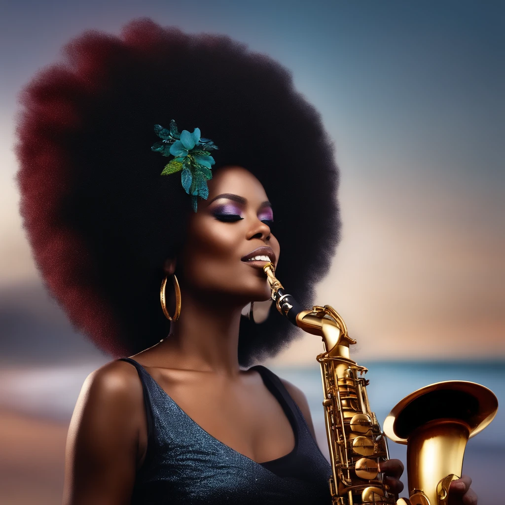 Mulher negra, gordinha,cabelo bem curto afro, tocando saxofone