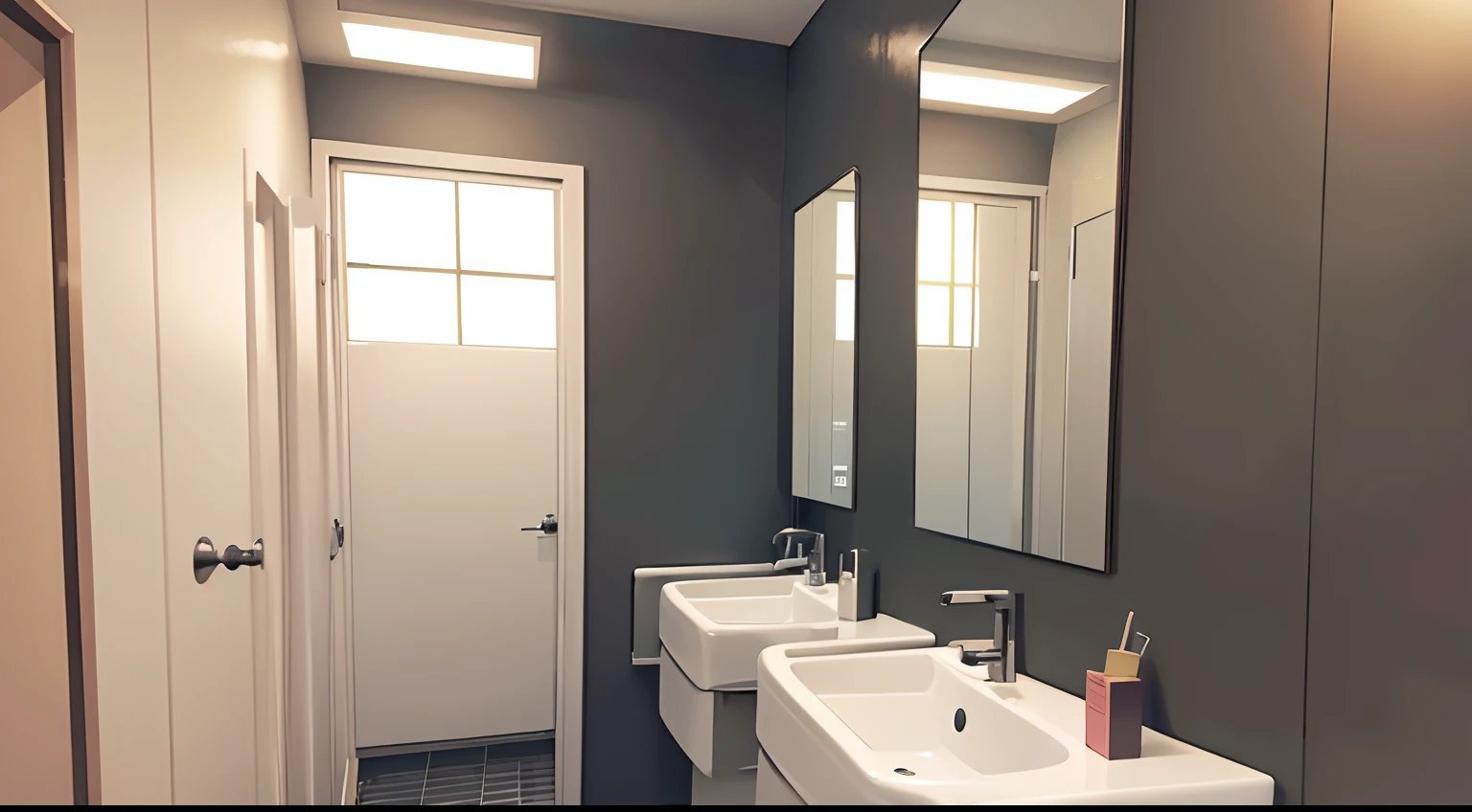 A girls bathroom, multiple stalls, sinks, centered, dating sim background