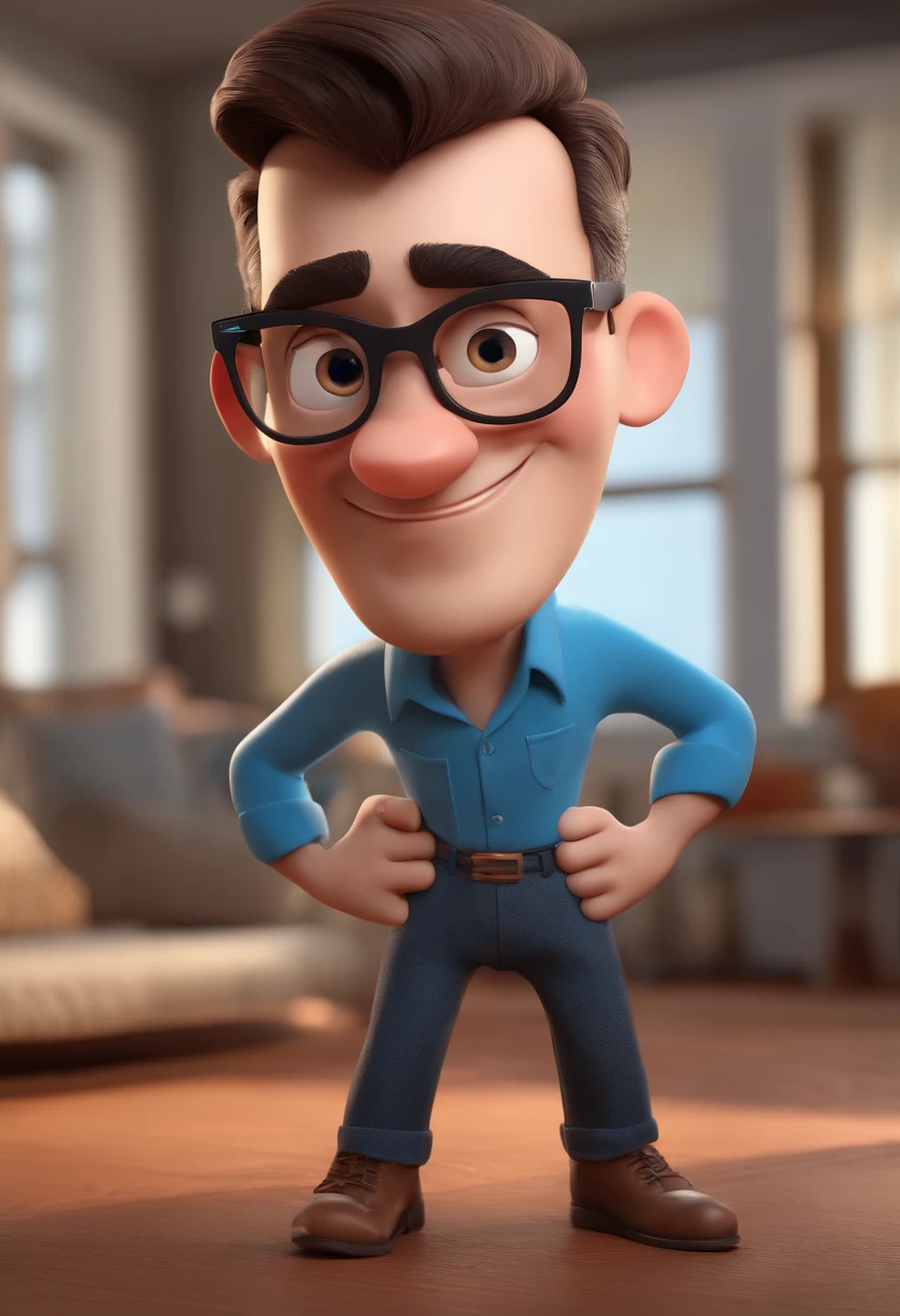 Cartoon character of a man with black glasses and a blue shirt, animation character, Caractere estilizado, animation style rendering, 3D estilizado, Arnold Maya render, 3 d render stylized, toon render keyshot, Personagem 3D, Personagem 3D, 3d rendering stylized, 3 d character render, personagem de desenho animado, Personagem de close up, Pose de personagem, (Estilo Pixar) (master part:1.2) (Bokeh) (best quality) (pele detalhada) (textura detalhada) (8k) (argila) (Cinematic lighting) (foco nítido