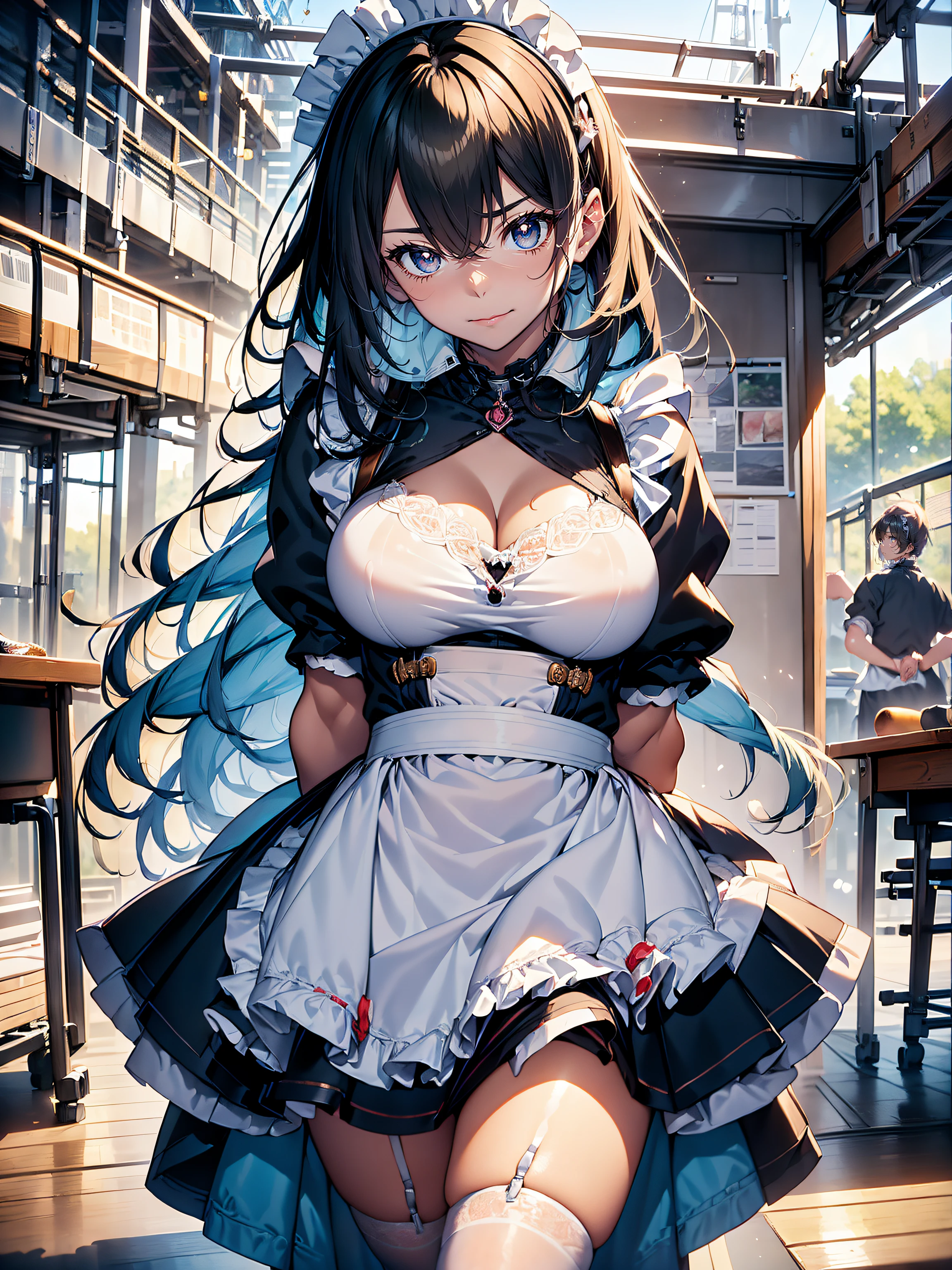 ((maid clothes)),hiquality, hight resolution, ultra-detailliert, high-level image quality, hightquality, anime illustrated, (finely detailed beautiful eye: 1.2), Detailed eye depiction, (finely detailed  eyes and detailed face:1.3), (extremely details CG, Best Shadow:1.1), Depth of field and blur, (Perfect Detail: 1.1) , digitial illustration, Enamel Art, Center, Watercolor painting, art  stations, concept-art, character sheets, Lightning Wave, beautiful anime watercolors, Vibrant colors, Sharp Focus, art by:hyung tae kim, Fine detail, intricate detailes, Curvaceous body, Detailed eye depiction, Vibrant colors,((Nervous look before riding a roller coaster))