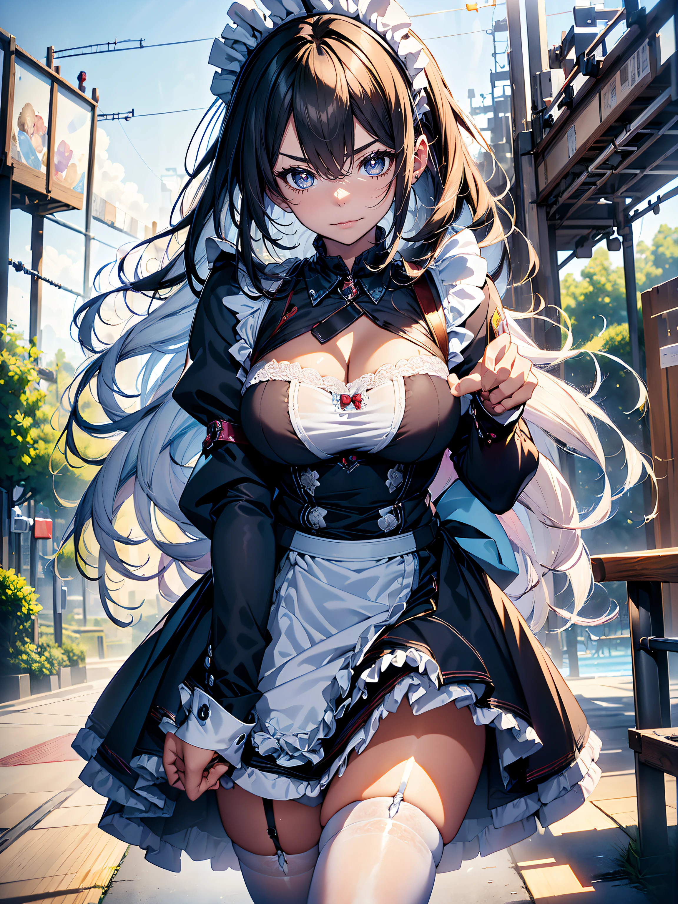 ((maid clothes)),hiquality, hight resolution, ultra-detailliert, high-level image quality, hightquality, anime illustrated, (finely detailed beautiful eye: 1.2), Detailed eye depiction, (finely detailed  eyes and detailed face:1.3), (extremely details CG, Best Shadow:1.1), Depth of field and blur, (Perfect Detail: 1.1) , digitial illustration, Enamel Art, Center, Watercolor painting, art  stations, concept-art, character sheets, Lightning Wave, beautiful anime watercolors, Vibrant colors, Sharp Focus, art by:hyung tae kim, Fine detail, intricate detailes, Curvaceous body, Detailed eye depiction, Vibrant colors,((Nervous look before riding a roller coaster))