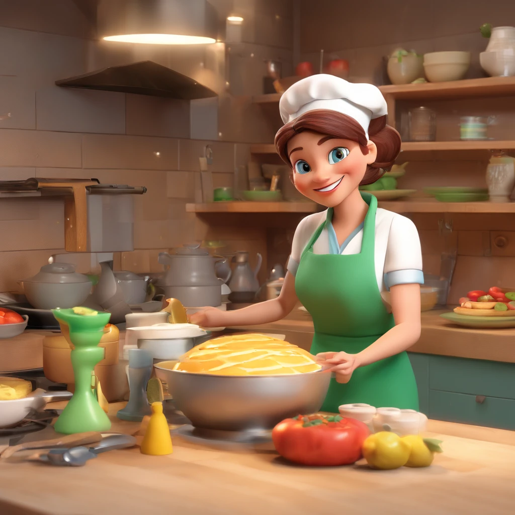 Create a 3D style cartoon scene -Pixar, where a 50-year-old woman with wavy brown hair and green eyes, She's cooking dressed as a pastry chef.