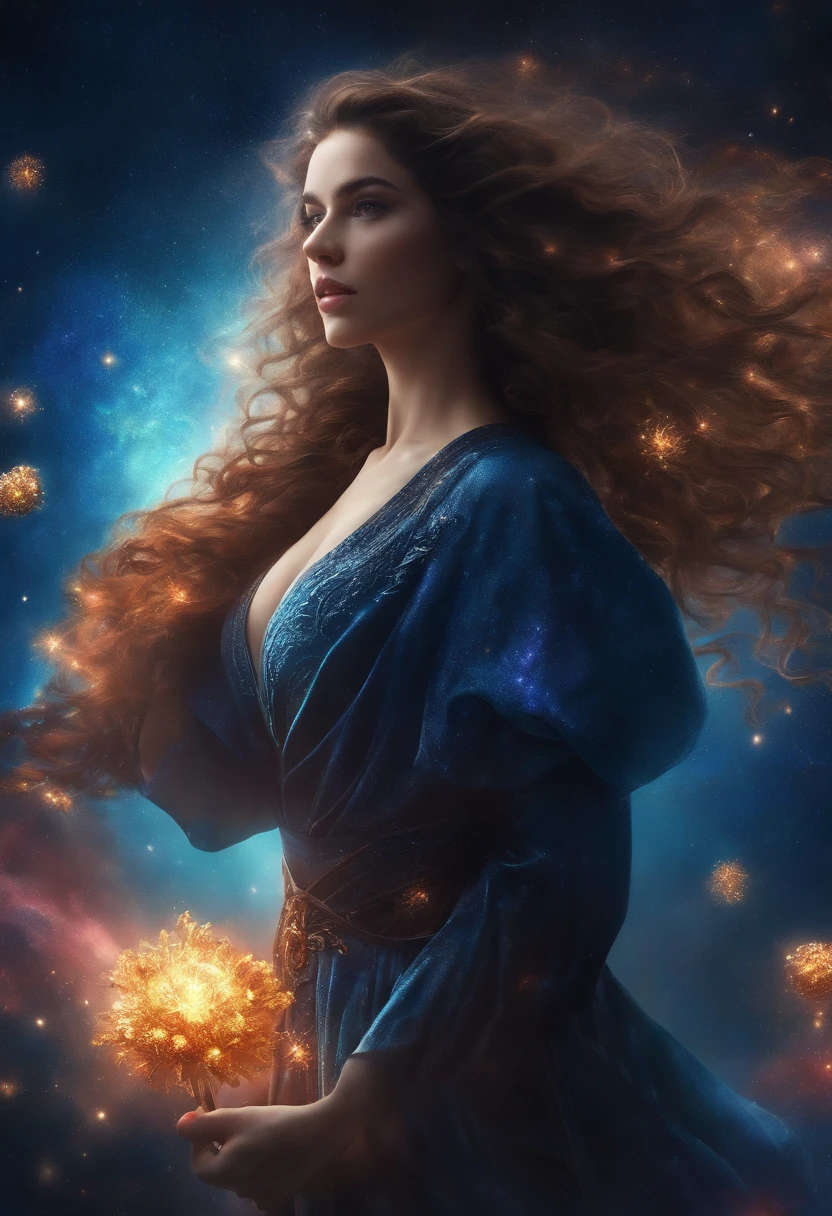 (best quality, master part), 1girl, Posar, Particle, vento, flor, parte superior do corpo, fundo simples, Olhando para o Viewer, louro, galaxy,