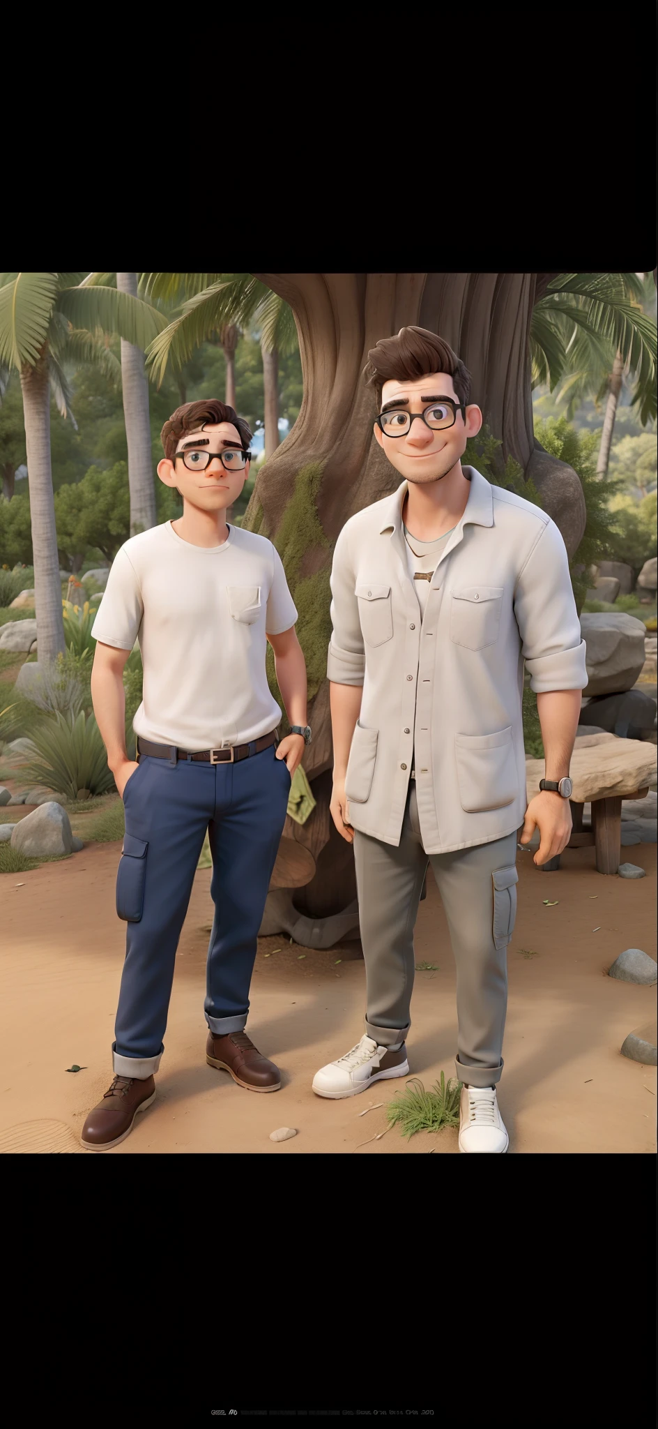 Obra-prima, dois jovens magros, The one on the left is serious and bespectacled, with your hand in your pocket, o da direita rindo um pouco inclinado para a frente