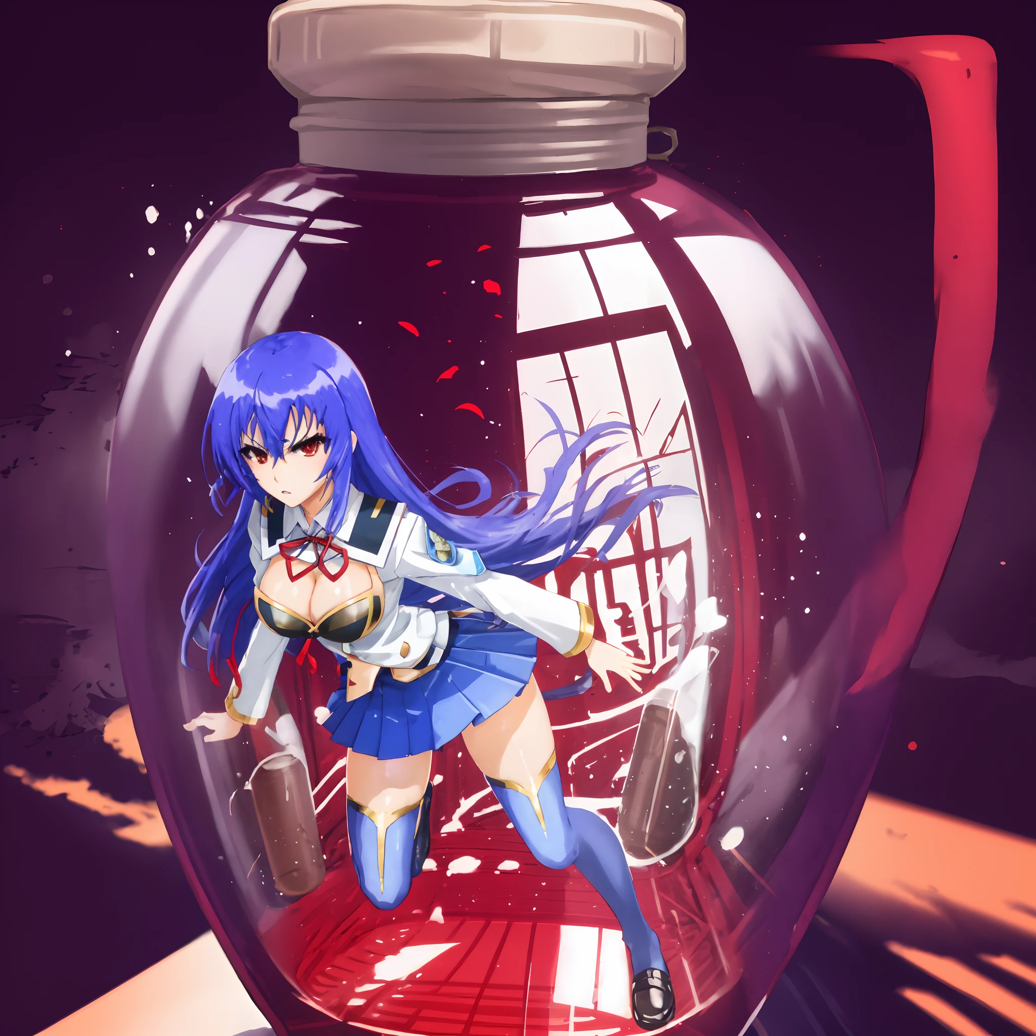 phgls, in container, arabian bottle, (masterpiece:1.5, best quality), 1girl, solo, kurokami medaka, full body, red eyes, blue hair, long hair, ahoge, large breasts, school uniform, cleavage cutout, pleated skirt, thighhighs, angry,
