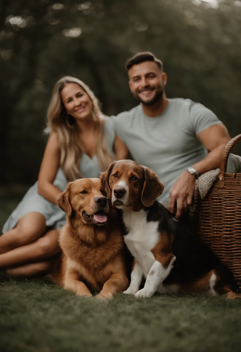 There's a man and a woman sitting on the floor with a baby and a dog, family photography, mulher na direita e homem a esquerda, family portrait, Happy family, retrato de alta qualidade, pixar, Family photo, Antecedentes complexos, sentado em uma nuvem fofa, product introduction photos, imagem retrato, highly detailed composition, sitting on the cosmic cloudscape, with dogs, retrato detalhado, editing, fami, fotografia