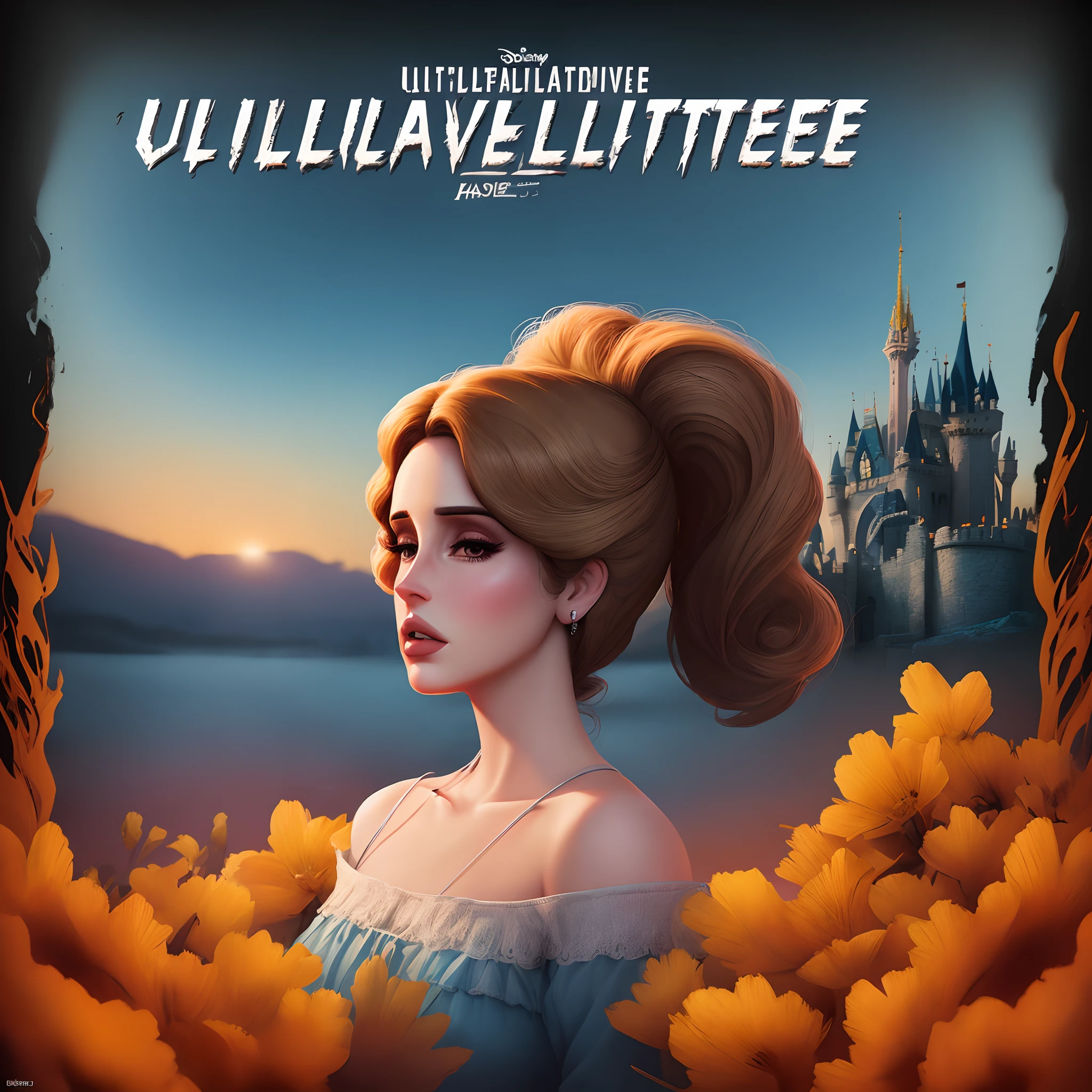 Lana del rey ultraviolence album cover as Disney Pixar style movie poster with title "ULTRAVIOLENCE"