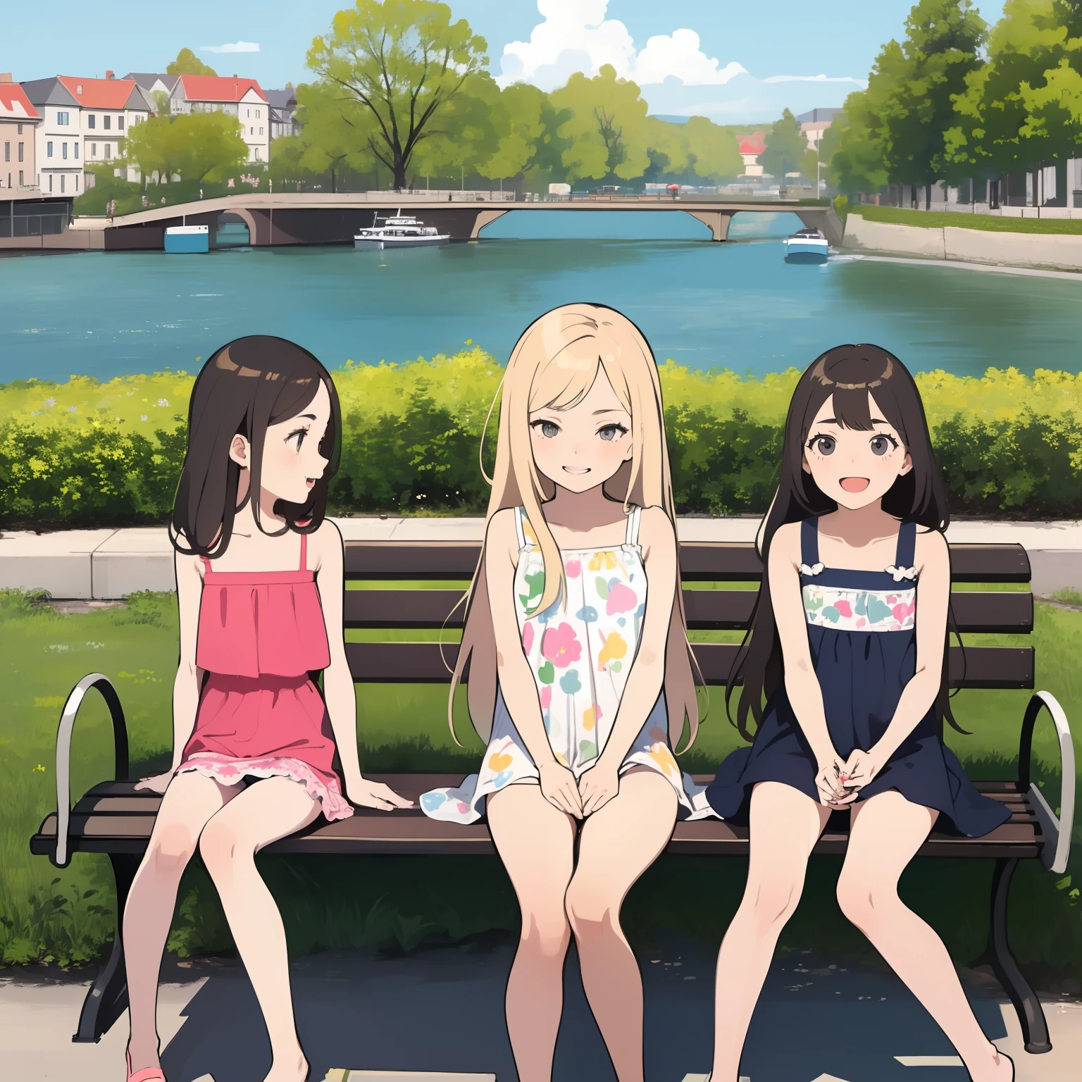 (masterpiece:1.2, best quality), 3girls, multiple girls, ite, youlim, short summer dress, upskirt, (children's print panties), long hair, smile, fun, laugh, play, (sitting on bench), (spread legs), railway in background, summer, vibrant colors, bright, white