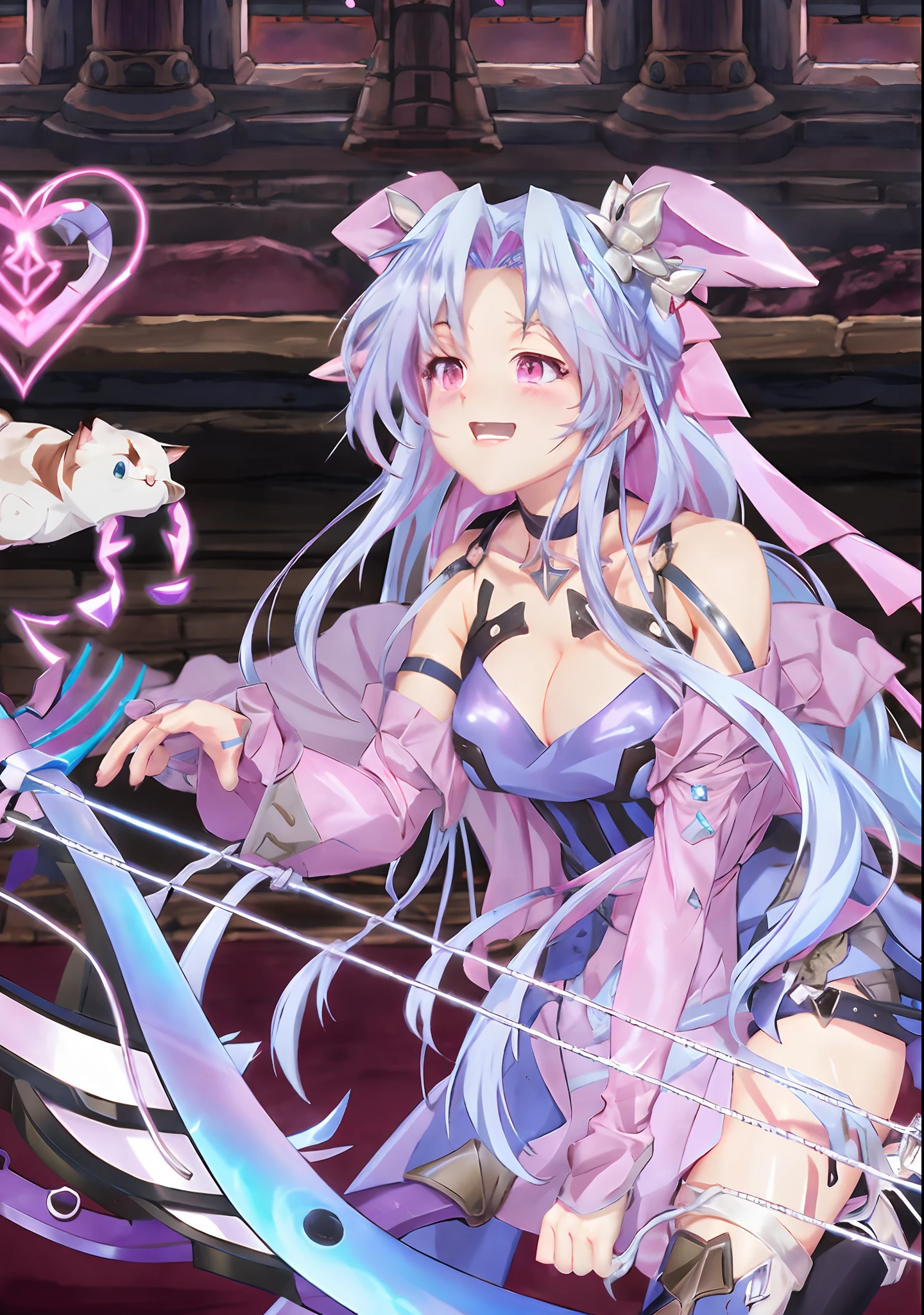 Long light blue and pink hair,Anime girl with pink eyes holding bow and arrow, A scene from the《Dungeons & Warriors》videogame, anime moe art style,Korean manga style,Very beautiful anime cat girl, animemanga girl,2d