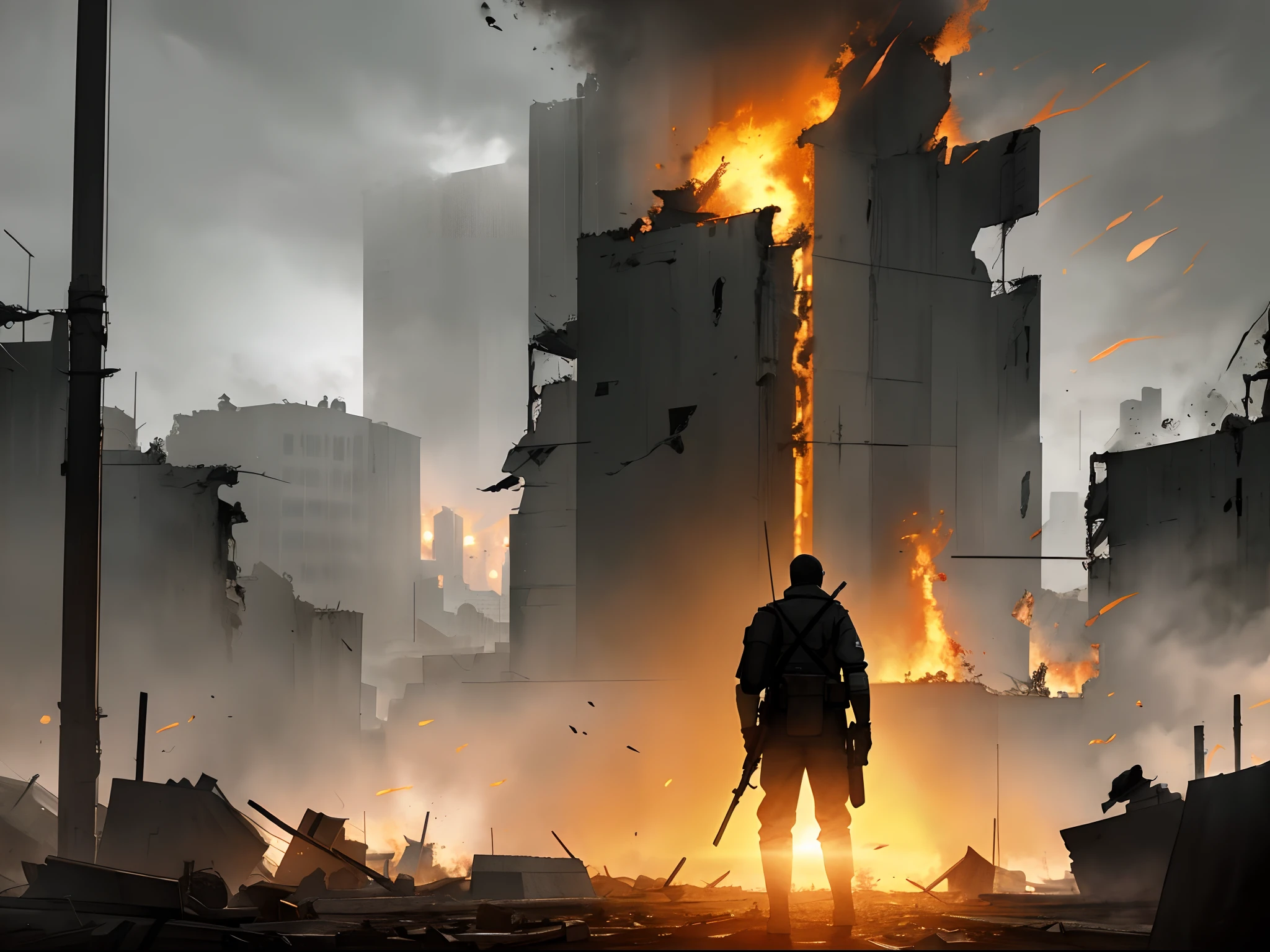 detailed chield silhouette standing alone after the war in battlefield, digital art style, wide banner, soldier walking in destroyed city, post war scenery with fire, cinematic, dramatic light, dark atmosphere, epic realist, 8k