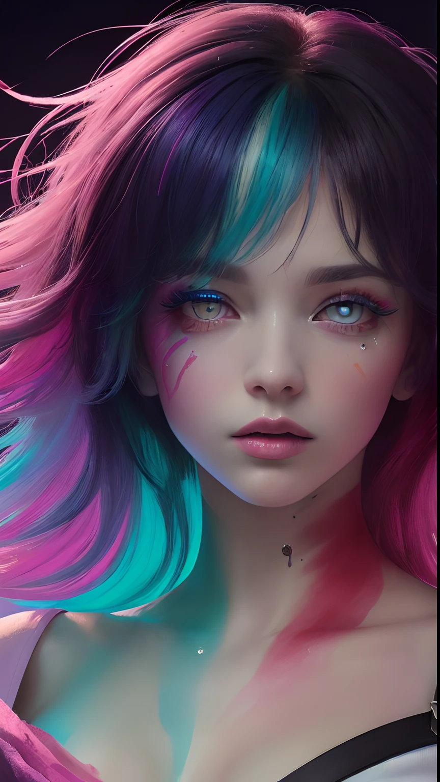 （Pink Fashion T-shirt：1.9），(Colorful hair: 1.8), (all the colours of the rainbow: 1.8),(((((vertical painting：1.6))), （painting：1.6），front, comics, illustrations, paintings, large eyes, crystal clear eyes,（ rainbow color gradient high ponytail：1.7）, exquisite makeup, closed mouth,(Small Fresh: 1.5),(Wipe Chest: 1.6) ，long eyelashes, white off shoulder T-shirt,  White Shoulder Shirt，looking at the audience, large watery eyes, (rainbow colored hair：1.6), color splash, （solo：1.8）, color splash, color explosion, thick paint style, messy lines, ((shining))，(colorful), (colorful), (colorful), colorful, Thick Paint Style, (Splash) (Color Splash), Vertical Painting, Upper Body, Paint Splash, Acrylic Pigment, Gradient, Paint, Highest Image Quality, Highest Quality, Masterpiece, Solo, Depth of Field, Face Paint,  colorful clothes, (Elegant: 1.2), gorgeous,long hair, wind, (Elegant: 1.3), (Petals: 1.4)，(((masterpiece))),(((best quality))),((ultra-detailed)),(illustration),(dynamic angle),((floating)),(paint),((disheveled hair)),(solo),(1girl) , (((detailed anima face))),((beautiful detailed face)),collar,bare shoulders,white hair, ((colorful hair)),((streaked hair)),beautiful detailed eyes,(Gradient color eyes),(((colorful eyes))),(((colorful background))),(((high saturation))),(((surrounded by colorful splashes))),