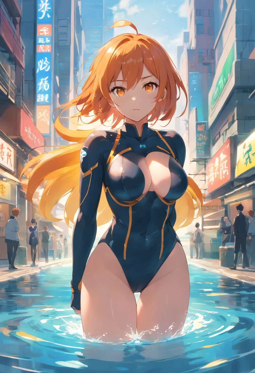 1 female、Orange hair、Colossal tits、Big ass、black rubber suit、yellow eyes、Large, thick thighs、a short bob、wide hips、under the water、run