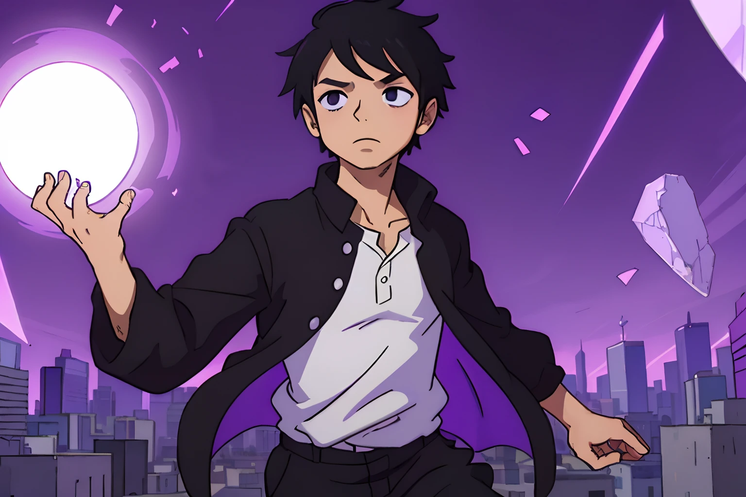 a boy, floating, in the sky of a city, with long, thin black hair, wearing a black blouse, wearing a white cap, with a purple aura around him, small pieces of stones flying around him, super realistic , professional lighting , purple background