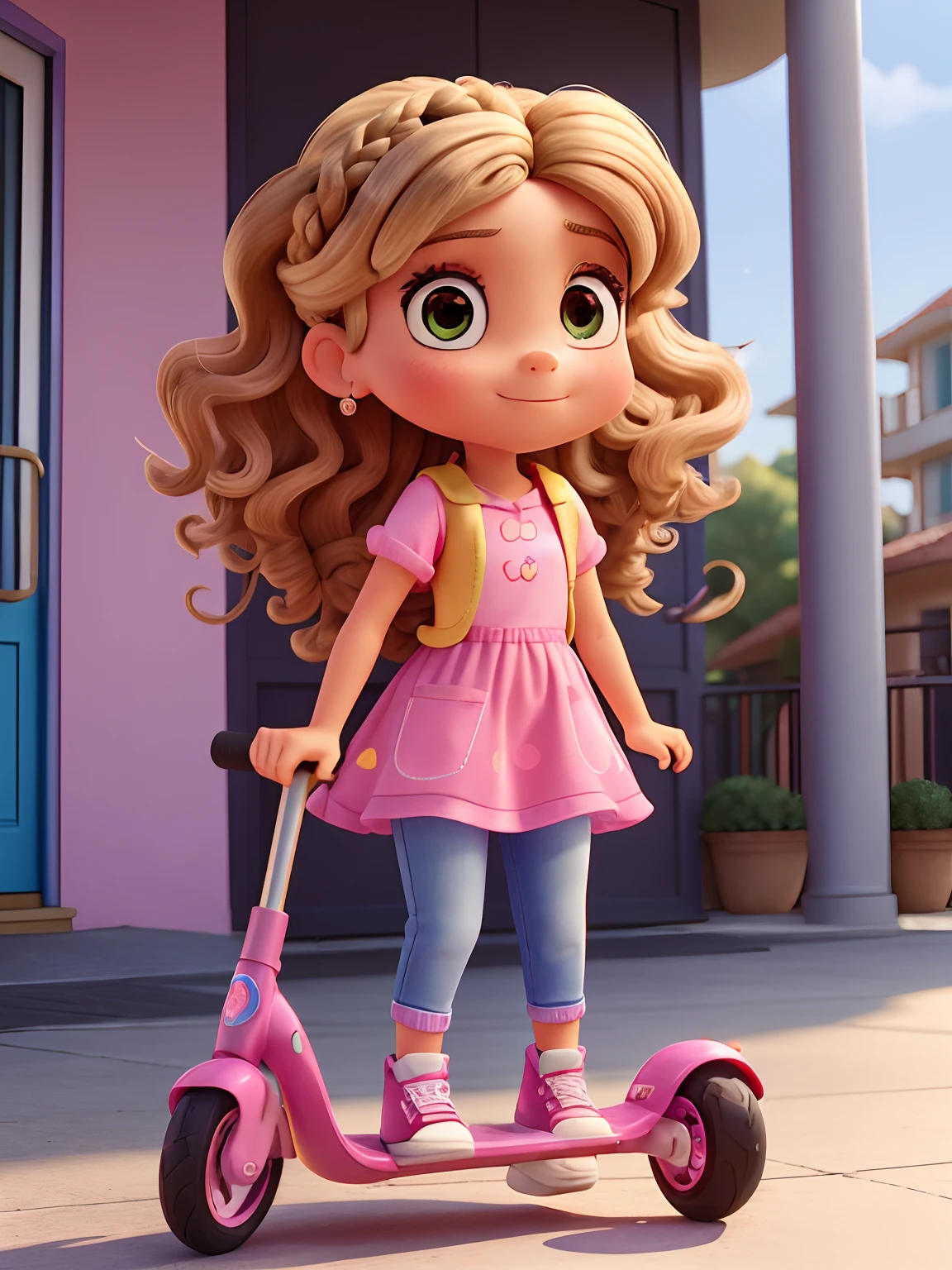 Crie um personagem Disney Pixar. Trata-se de uma menina de 5 anos que se chama Sophia. She has curly hair in medium blonde color and wears a hairstyle that ties her hair back through two built-in braids that end one for each side, um pouco abaixo da altura dos ombros. Her eyes are brown and almond-shaped. She's wearing a tulle dress in neon pink, um colete cropped em jeans azul claro por cima do vestido, Converse All Star style sneakers in neon yellow and pink. She's going to play with the scooter on the street of the condo. Sophia's scooter is made of silver metal with pink handlebars and base, The scooter is two-wheeled and the wheels have colored lights that turn on and flash when they are moving. Ao fundo, It is possible to see the street from the condominium with semi-detached houses on both sides. It's a sunny day.