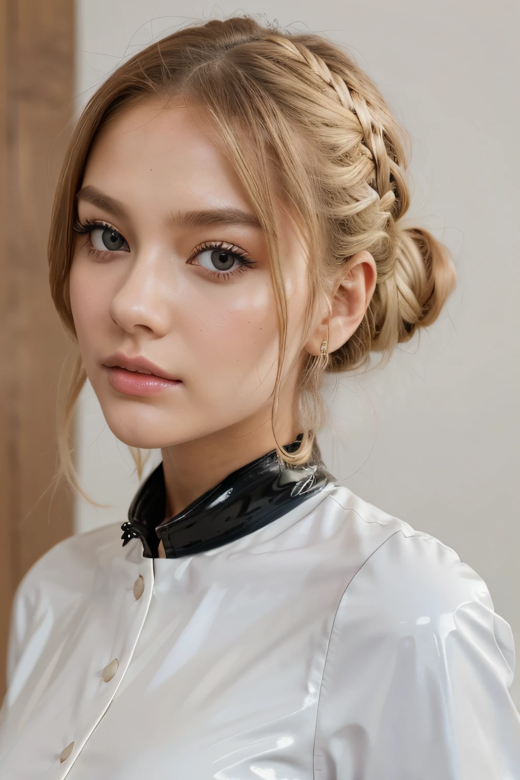 beautiful and very pretty, young schoolgirl in white latex blouse, Latex blouse buttoned up, verspielt, sanft, sehr vollbusig, schlanke Taile, detailiertes perfektes Gesicht, pretty platine blonde light hair, glatte Haare, gepflegt, adrett, very hot, sehr sexy, smooth, shiny skin. pretty makeup, sexy gestylt, very pretty model, sehr jung. Cute Space Buns.