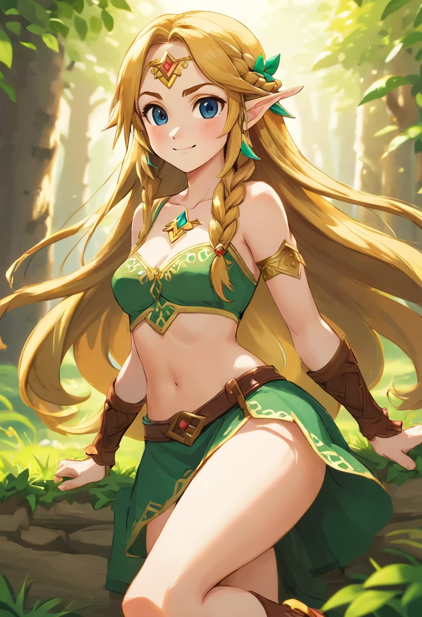 Princess Zelda, showing armpits and pussy half naked, forest background.