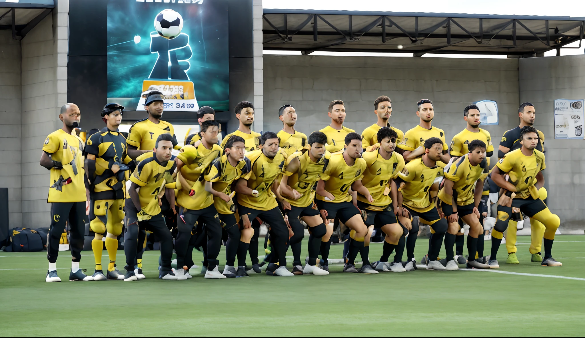 Players in yellow and black uniforms stand on a football field, 2717433015, start of the match, Amarelos, 2806927615, destacar, 1614572159, 3237315913