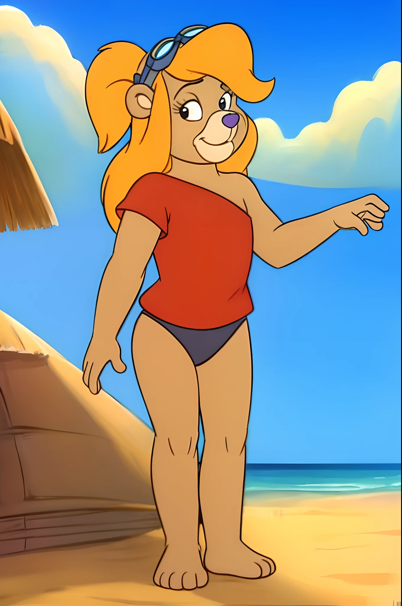 ursa_barbic, gummi_bears, red short top, off shoulder, tummy exposed, black bikini, goggles, feets whit three toes, beach, clear sky, high quality, masterpiece, detailed body fur, detailed eyes, detailed face, glistering body, shiny body, solo, small breasts, long ponytail, frontal view,