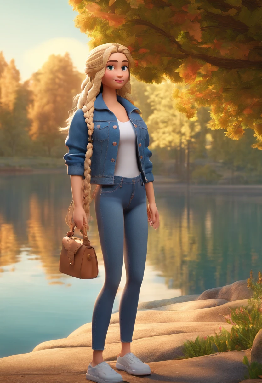 create a woman with brown eyes blond braided hair with a denim jacket in a park full of trees and a lake in 3D pixar style, grafico animado filme da pixar