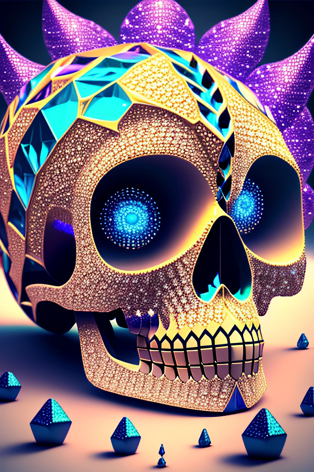 the skull of an alien and predators made in diamonds textured, very detailed and textured. Psychedelic colors swirl in it's visible