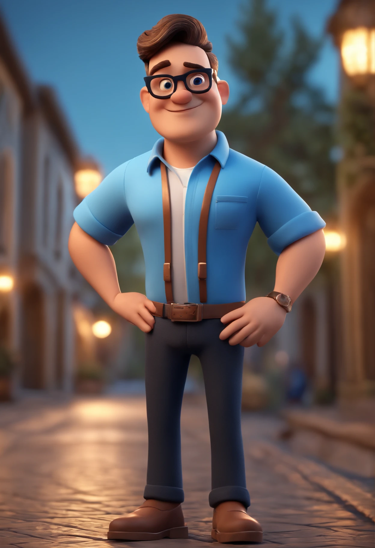 Cartoon character of a man wearing black glasses and a blue shirt, an animated character, stylized character, animation style render, Stylized 3 D, arnold maya render, 3 d render stylized, toon render keyshot, 3d character, 3 d character, stylized 3d render, 3 d character render, cartoon character, close up character, character posing, (Pixar style) (Masterpiece:1.2) (Bokeh) (Best quality) (Detailed skin) (Detailed texture) (8K) (Clay) (Cinematic lighting) (Sharp focus