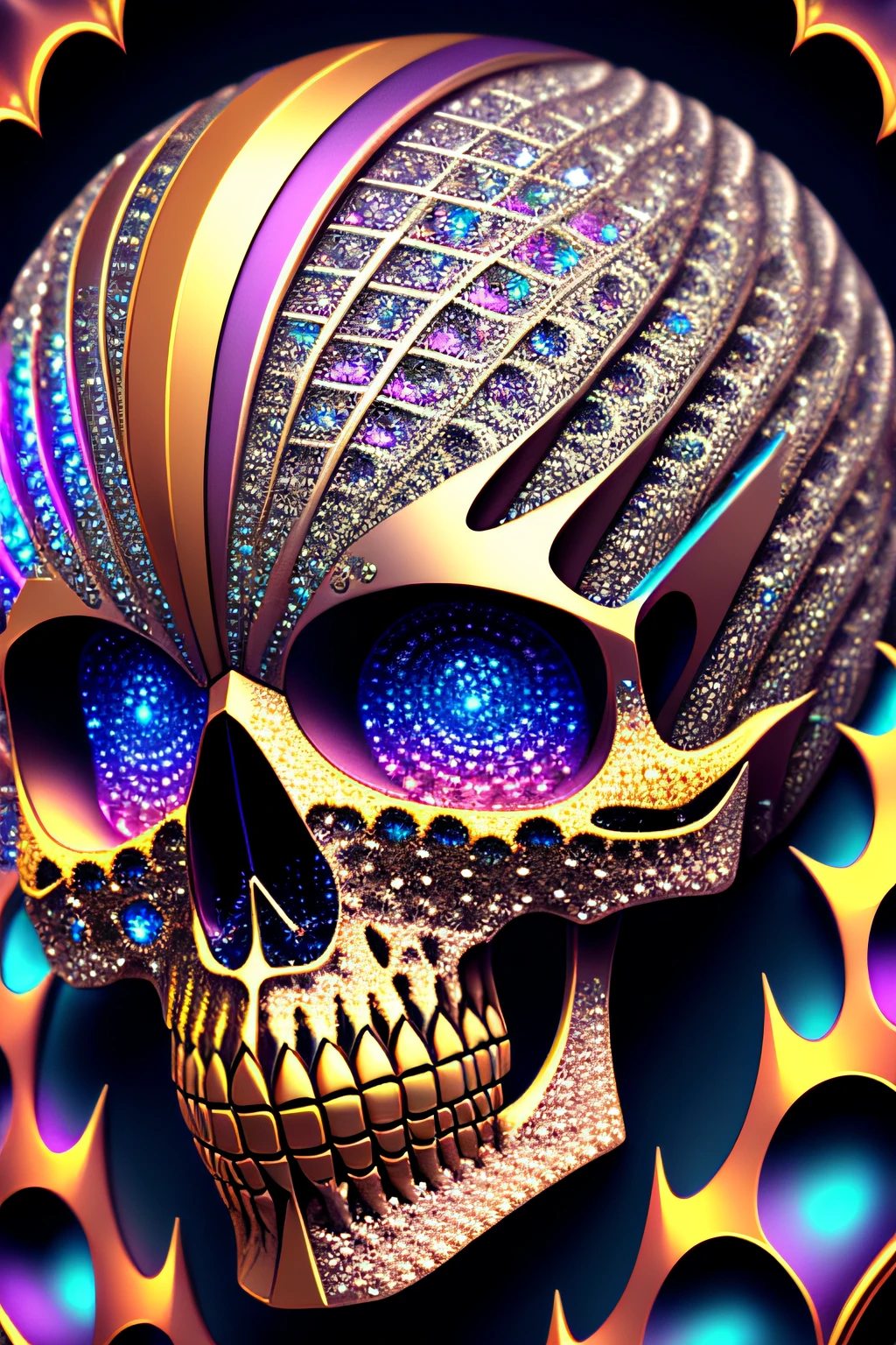 the skull of an alien and predators made in diamonds textured, very detailed and textured. Psychedelic colors swirl in it's visible