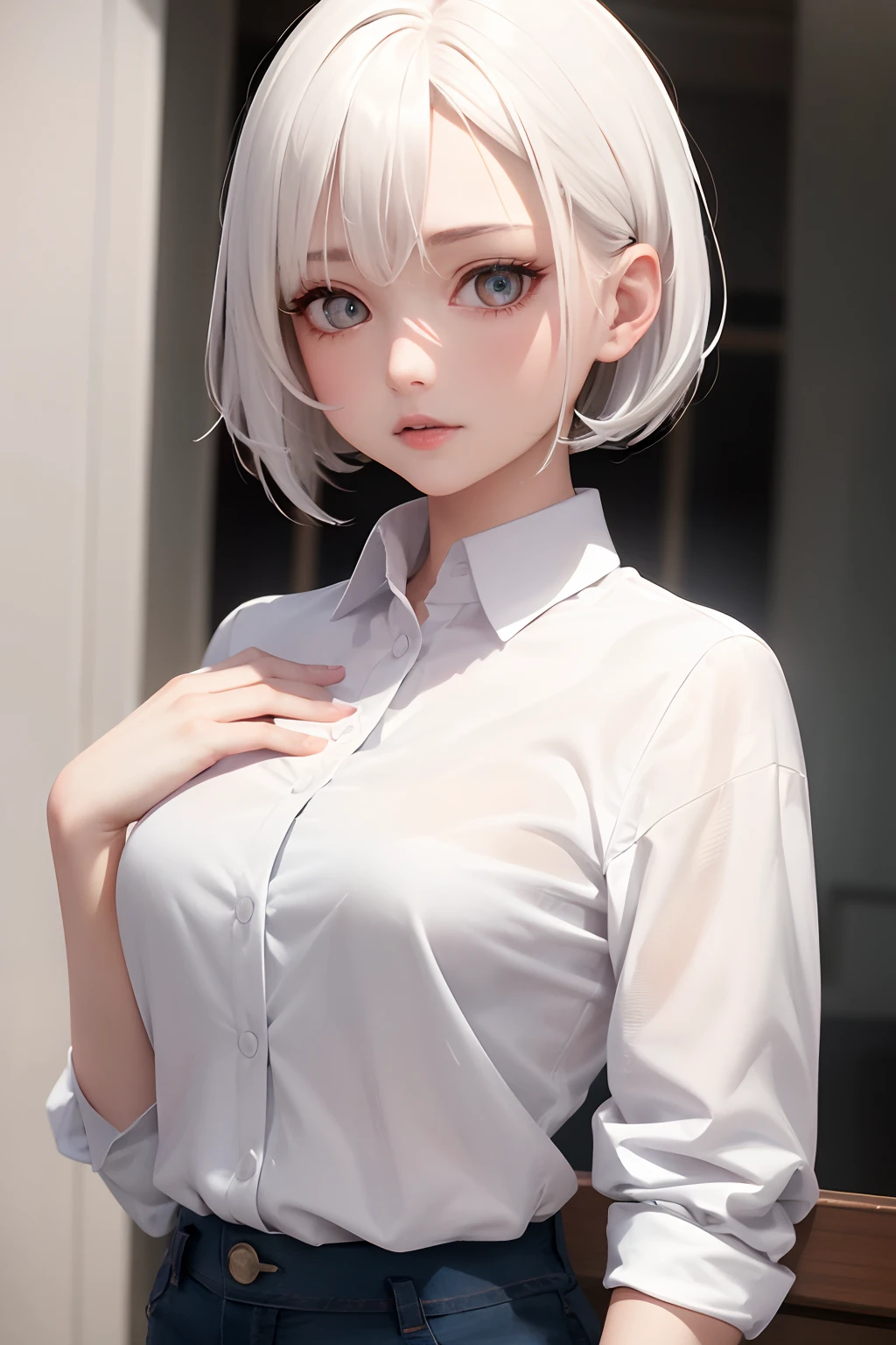 masterpiece,best quality,1girl,upper body,white hair,bright eyes,shirts,