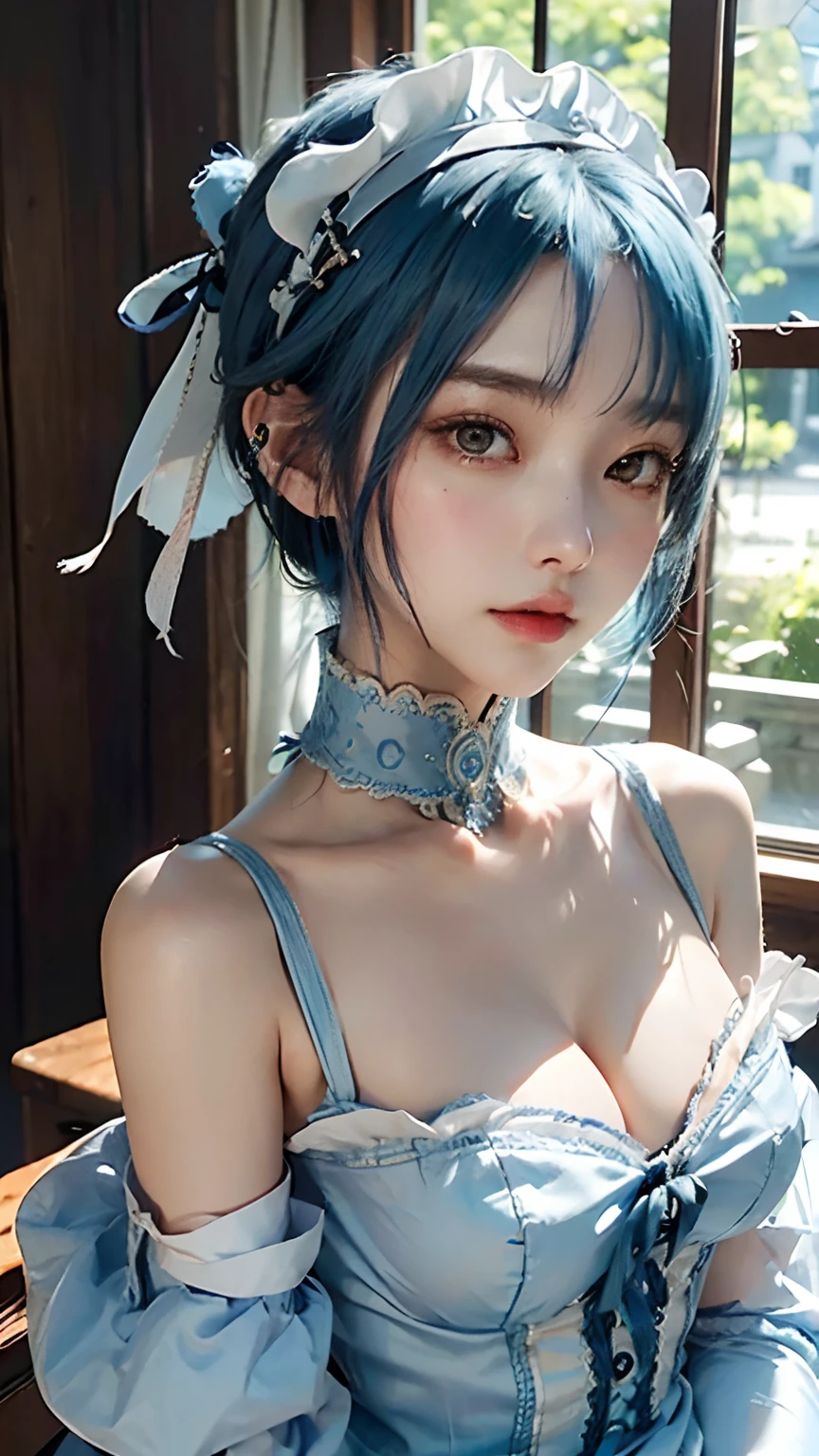 (Close-up:1.4)、(RAW shooting:1.2)、(photorealistic:1.4)、(masterpiece:1.3)、(highest quality:1.4)、solo、7 head and body、(slender and beautiful girl)、cute、(beautiful detailed eyes)、(charming big eyes)、(beautiful double eyelids)、(beautiful and detailed face)、(gentle smile:1.2)、(big breasts:1.2)、(cleavage)、(erect nipples:1.2)、(full body shot)、8K、(muste piece:1.2)、(pale blue hair、short bob:1.3)、(Bangs Patsun)、(headdress、white blouse、black ribbon、ruffle skirt、puff sleeves、collar、choker、white apron with fine frills:1.3)、White Knee High Socks、black maid costume、(Sexy model pose with chest sticking out:1.3)、cowboy shot、view audience、(small butt)、(hide your hands)、(beautiful thighs)、cute系、(perfect anatomy:1.2)、ancient city、