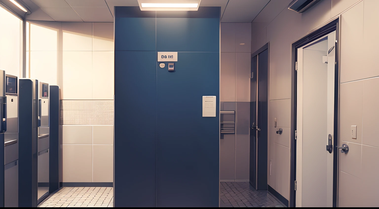 A girls public bathroom, centered, dating sim background