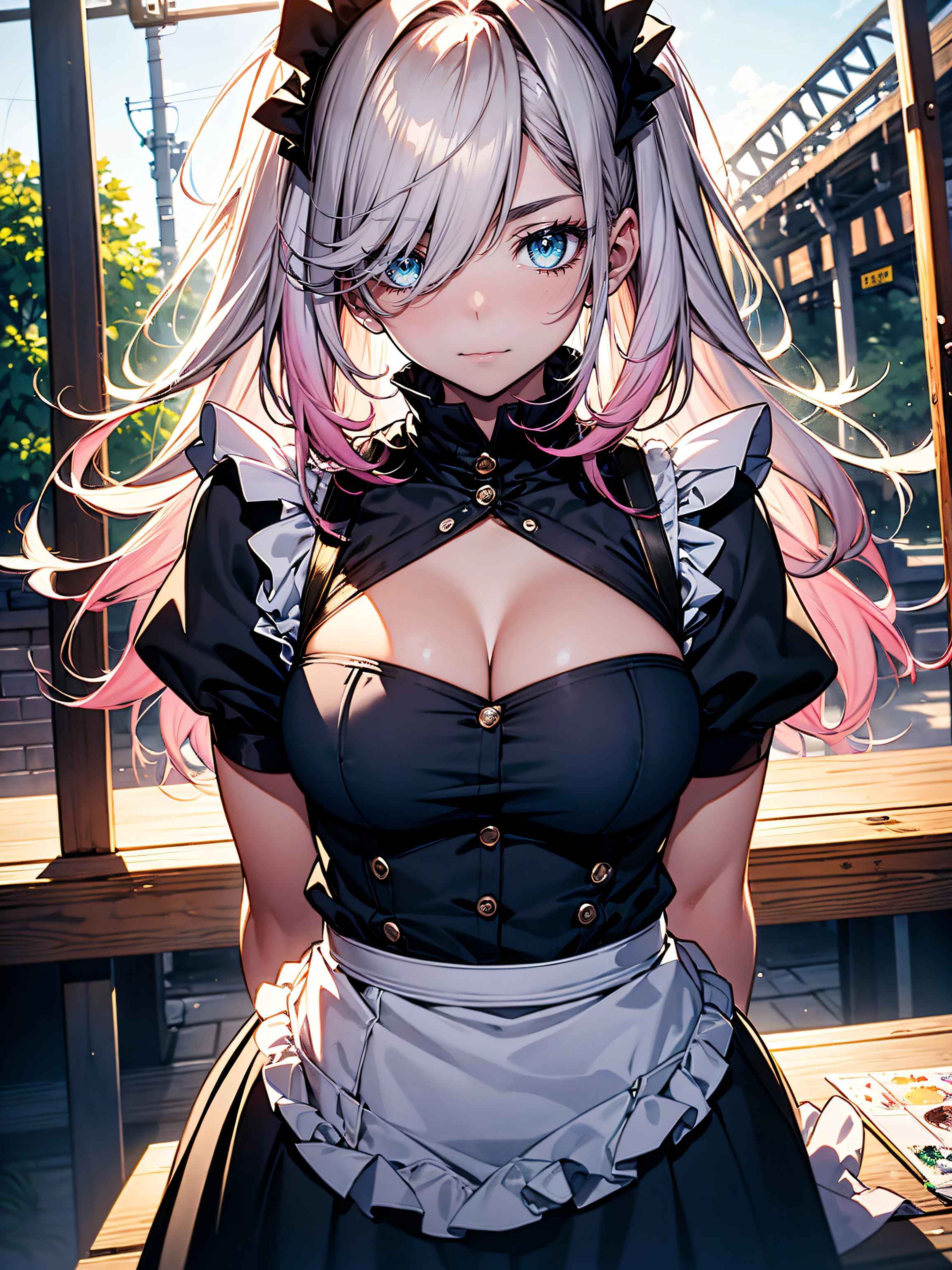 (({Pink|Red|Blue|Green|Purple|Gray} maid clothes)),hiquality, hight resolution, ultra-detailliert, high-level image quality, hightquality, anime illustrated, (finely detailed beautiful eye: 1.2), Detailed eye depiction, (finely detailed eyes and detailed face:1.3), (extremely details CG, Best Shadow:1.1), Depth of field and blur, (Perfect Detail: 1.1) , digitial illustration, Enamel Art, Center, Watercolor painting, art stations, concept-art, character sheets, Lightning Wave, beautiful anime watercolors, Vibrant colors, Sharp Focus, art by:hyung tae kim, Fine detail, intricate detailes, Curvaceous body, Detailed eye depiction, Vibrant colors,((Nervous look before riding a roller coaster))