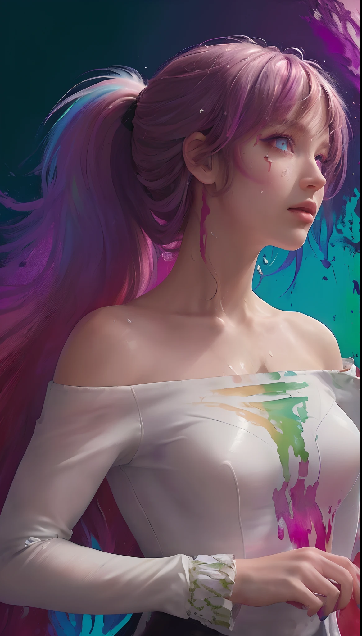 (Pink Fashion T-shirt:1.9),(Colorful hair: 1.8), (all the colours of the rainbow: 1.8),(((((vertical painting:1.6))), (painting:1.6),front, comics, illustrations, paintings, large eyes, crystal clear eyes,( rainbow color gradient high ponytail:1.7), exquisite makeup, closed mouth,(Small Fresh: 1.5),(Wipe Chest: 1.6) ,long eyelashes, white off shoulder T-shirt, White Shoulder Shirt,looking at the audience, large watery eyes, (rainbow colored hair:1.6), color splash, (solo:1.8), color splash, color explosion, thick paint style, messy lines, ((shining)),(colorful), (colorful), (colorful), colorful, Thick Paint Style, (Splash) (Color Splash), Vertical Painting, Upper Body, Paint Splash, Acrylic Pigment, Gradient, Paint, Highest Image Quality, Highest Quality, Masterpiece, Solo, Depth of Field, Face Paint, colorful clothes, (Elegant: 1.2), gorgeous,long hair, wind, (Elegant: 1.3), (Petals: 1.4),(((masterpiece))),(((best quality))),((ultra-detailed)),(illustration),(dynamic angle),((floating)),(paint),((disheveled hair)),(solo),(1girl) , (((detailed anima face))),((beautiful detailed face)),collar,bare shoulders,white hair, ((colorful hair)),((streaked hair)),beautiful detailed eyes,(Gradient color eyes),(((colorful eyes))),(((colorful background))),(((high saturation))),(((surrounded by colorful splashes))),