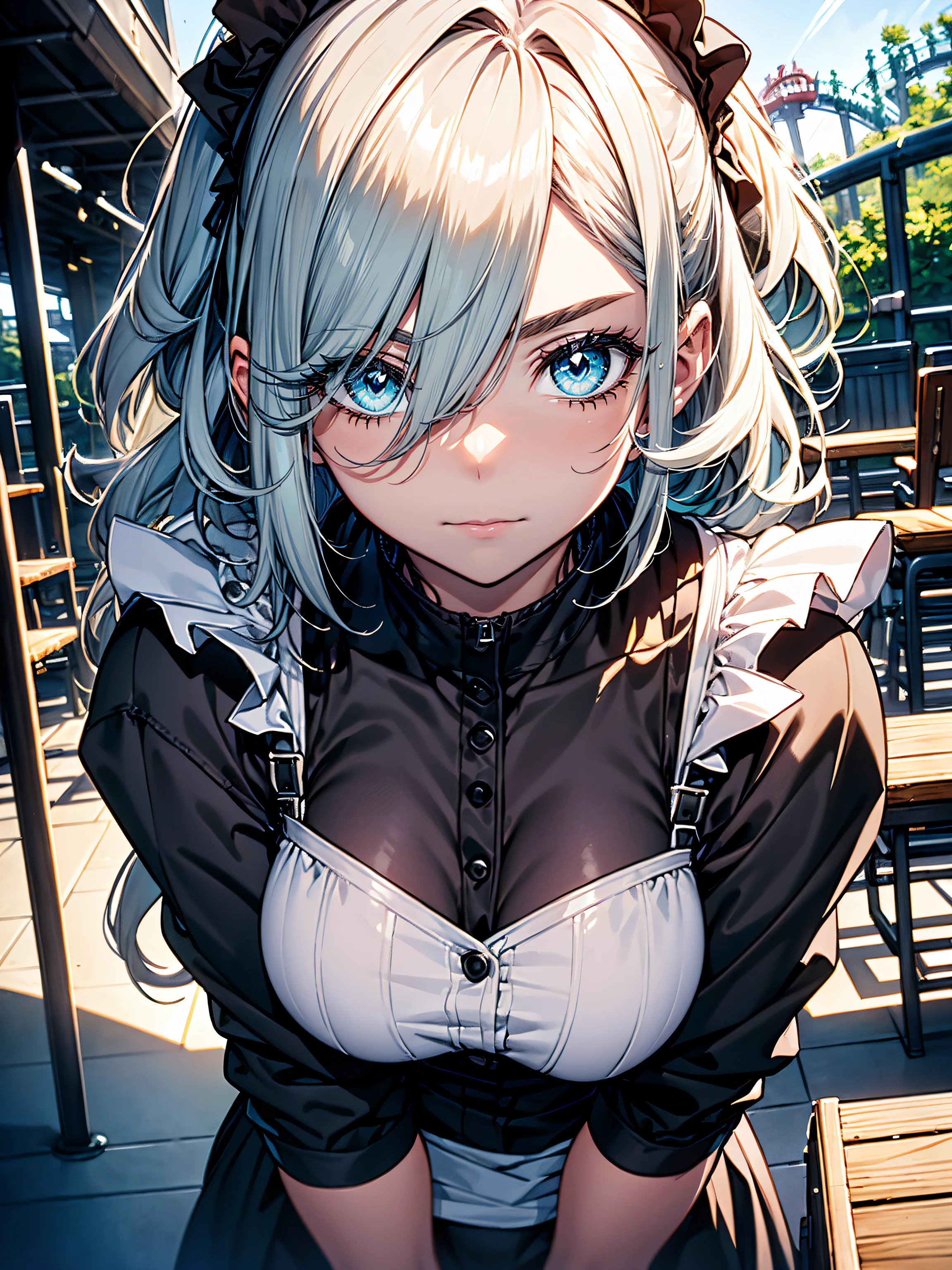 (({Pink|Red|Blue|Green|Purple|Gray} maid clothes)),hiquality, hight resolution, ultra-detailliert, high-level image quality, hightquality, anime illustrated, (finely detailed beautiful eye: 1.2), Detailed eye depiction, (finely detailed eyes and detailed face:1.3), (extremely details CG, Best Shadow:1.1), Depth of field and blur, (Perfect Detail: 1.1) , digitial illustration, Enamel Art, Center, Watercolor painting, art stations, concept-art, character sheets, Lightning Wave, beautiful anime watercolors, Vibrant colors, Sharp Focus, art by:hyung tae kim, Fine detail, intricate detailes, Curvaceous body, Detailed eye depiction, Vibrant colors,((Nervous look before riding a roller coaster))