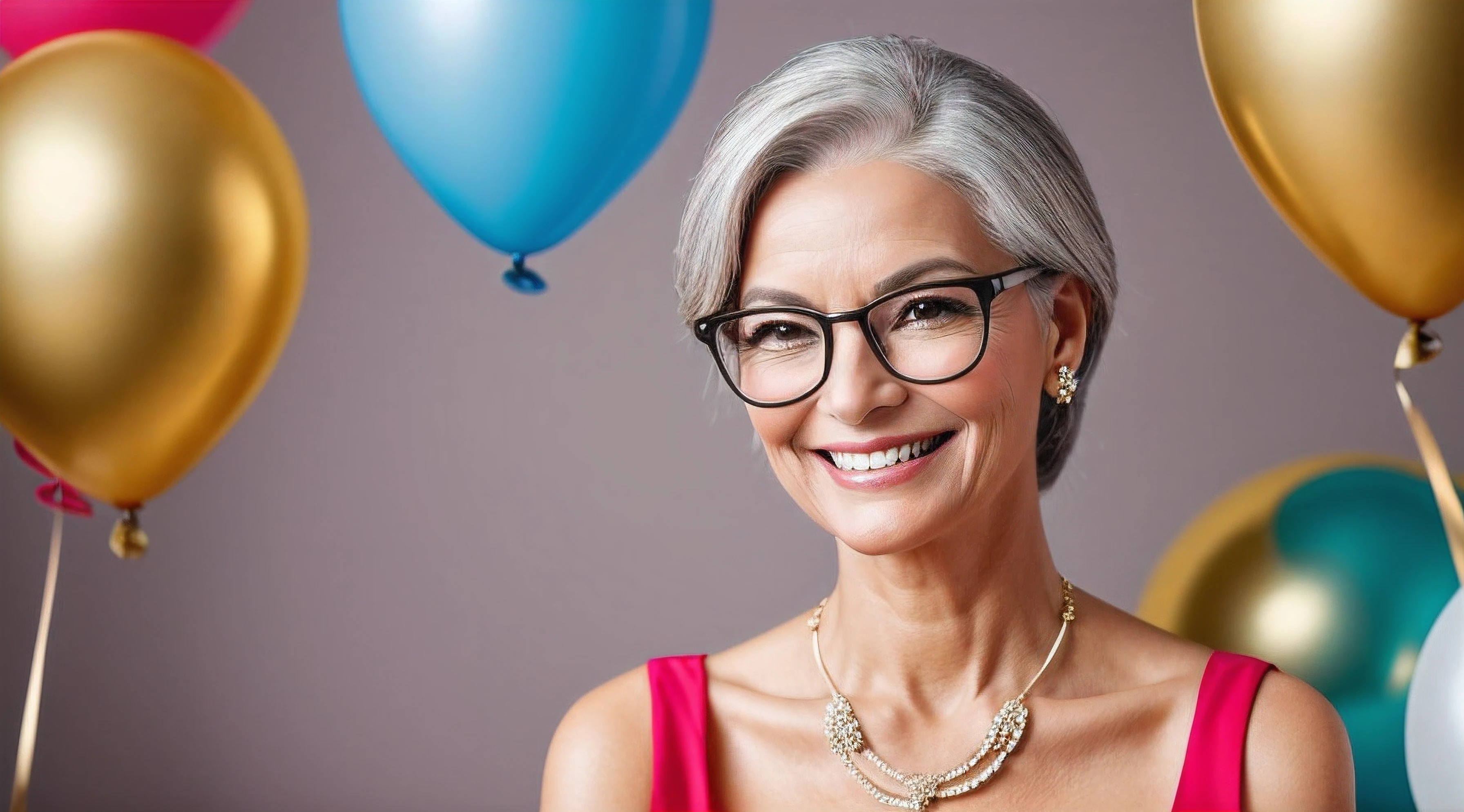 «»An elegant photorealistic image captures the charm of a senior woman with gray hair, exuding grace and sophistication in her stylish attire and eyeglasses. She is the epitome of elegance as she smiles warmly and gazes at the colorful balloons during a vibrant and lively party. Her elegant clothes complement her poise, and her eyeglasses add a touch of refinement to her appearance. The balloons float playfully around her, adding a sense of whimsy and celebration to the scene. The party atmosphere is filled with joy and camaraderie, and the woman's radiant smile reflects her enjoyment of the special occasion. The photograph is taken with skillful attention to detail, ensuring that the woman's charm and the festive atmosphere are captured authentically. The lighting is soft and flattering, enhancing the woman's features and creating an inviting ambiance. The resolution is high, providing a lifelike portrayal of this delightful and heartwarming moment at the party. This image is perfect for celebrating the wisdom, beauty, and happiness that come with age.»»