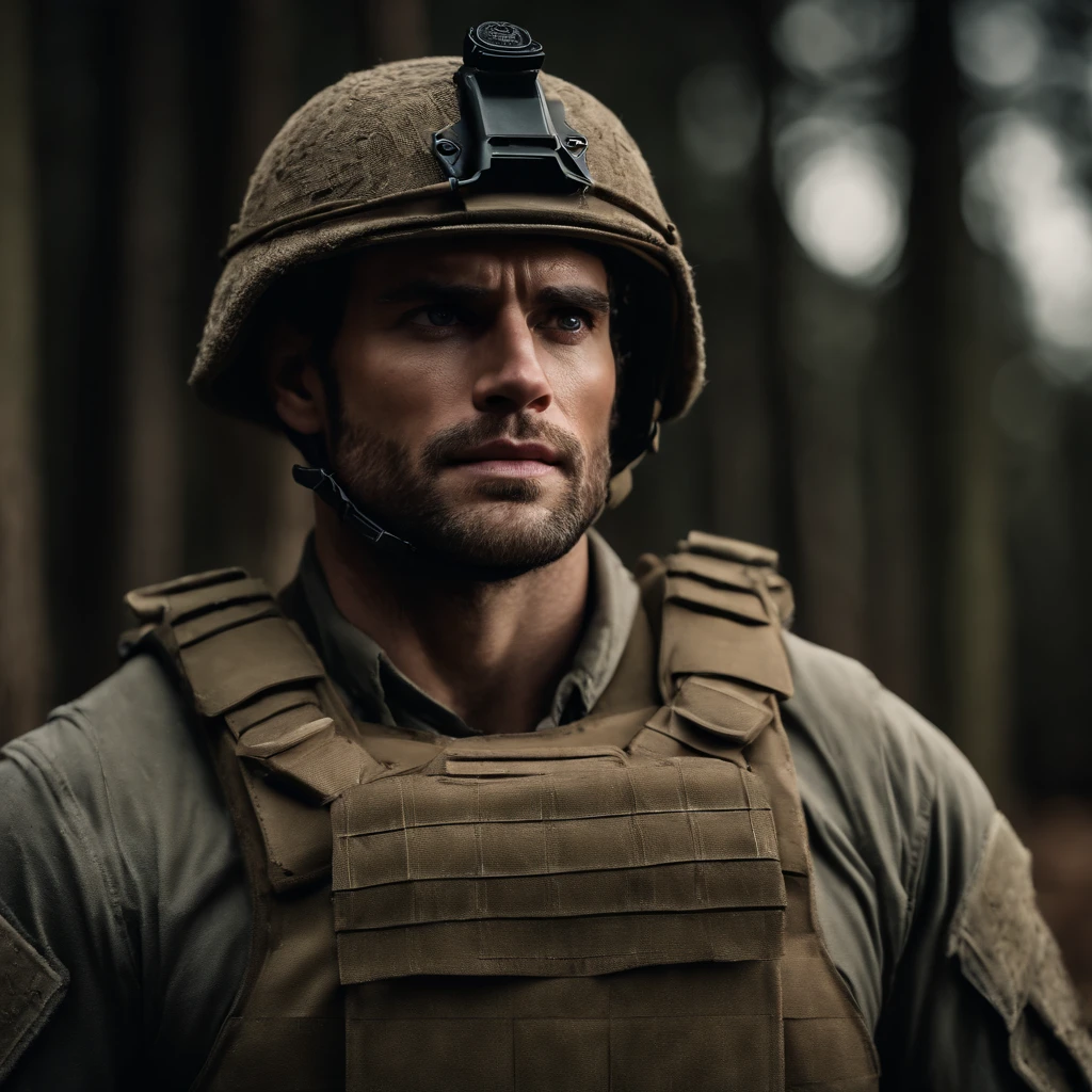 o ator Henry Cavill, lutando no front de guerra, dia chuvoso em um uniforme militar multicam, usando um colete Plate Carrier ForHonor bandeira americana, com uma faca militar. 
(best quality, 4k, alto, master part:1.2), ultra-detalhado, (Realistic, fotorrealista, photo-realistic:1.37), HDR, UHD, studio lighting, extreme detail description, profissional, vivid colors, Bokeh, retrato.