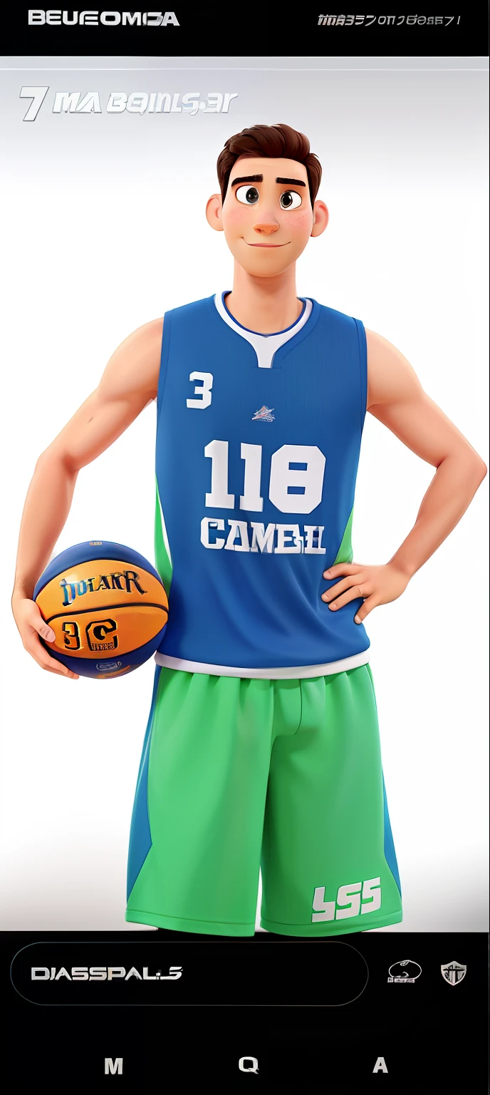 Um homem com uniforme de basquete segurando uma bola de basquete, cartaz estilo Pixar mehor imagem, melhor qualidade
