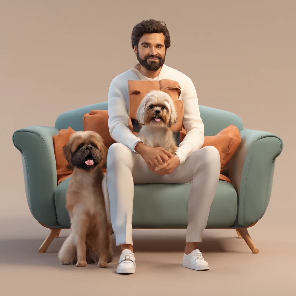 Homem careca moreno, com o cachorro shih tzu, Sitting on the sofa in the living room