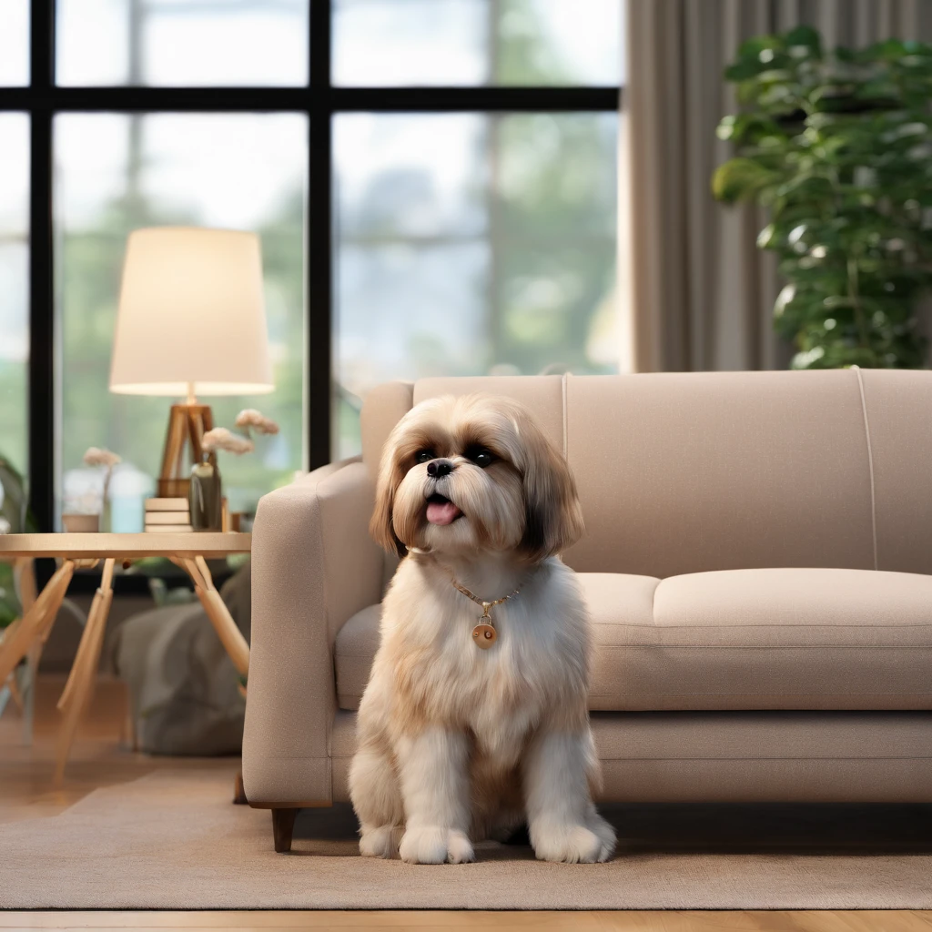 Homem careca moreno, com o cachorro shih tzu, Sitting on the sofa in the living room