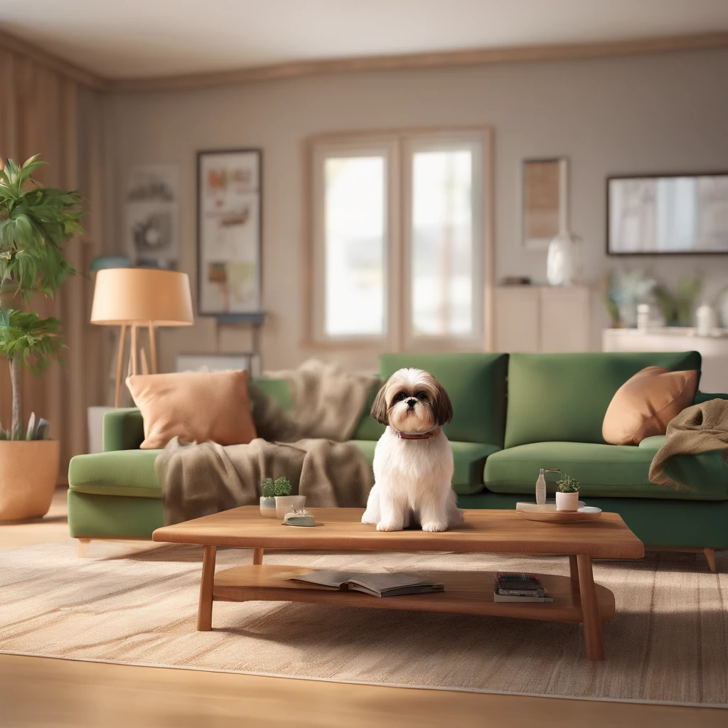 Homem careca moreno, com o cachorro shih tzu, Sitting on the sofa in the living room