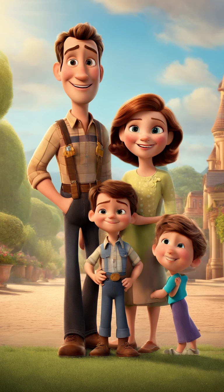 a movie poster by Disney Pixar spotting a loving family of three. the dad is tall and thin with green eyes and very short brown hair and a short beard. the mother has short wavy brown hair and brown eyes and wears glasses. the  is 3 years short brown hair and brown eyes and plays with a small toy train.