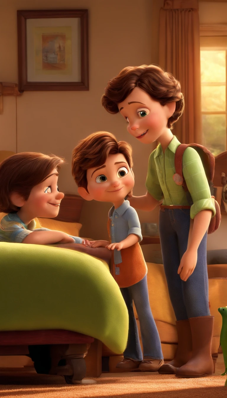 a movie poster by Disney Pixar spotting a loving family of three. the dad is tall and thin with green eyes and very short brown hair and a short beard. the mother has short wavy brown hair and brown eyes and wears glasses. the child is 3 years old with short brown hair and brown eyes and plays with a small toy train.