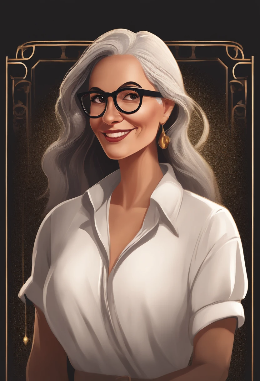 (Disney Pixar style film poster, 8k, high resolution, digital art,),FRONT CHARACTER LOOKING AT THE CAMERA, IN BLACK SQUARE GLASSES,Smiling WHITE woman in A WHITE SHIRT AND BLACK LEGGY PANTS AND WHITE SNEAKERS, cute woman, (woman WEARING 44, cute), 8k image, STRAIGHT BLACK hair, LONG hair, 40 year old woman, BROWN EYES, FULL BODY, Disney Princess STYLE character of a woman with LONG STRAIGHT hair with A golden LIGHT ILLUMINATING THE SCENE, body, looking forward, facing the camera, characters, woman IN BLACK SQUARE GLASSES, beautiful digital illustration, in digital illustration style, character design portrait, (1pixar style, Disney style, digital art)