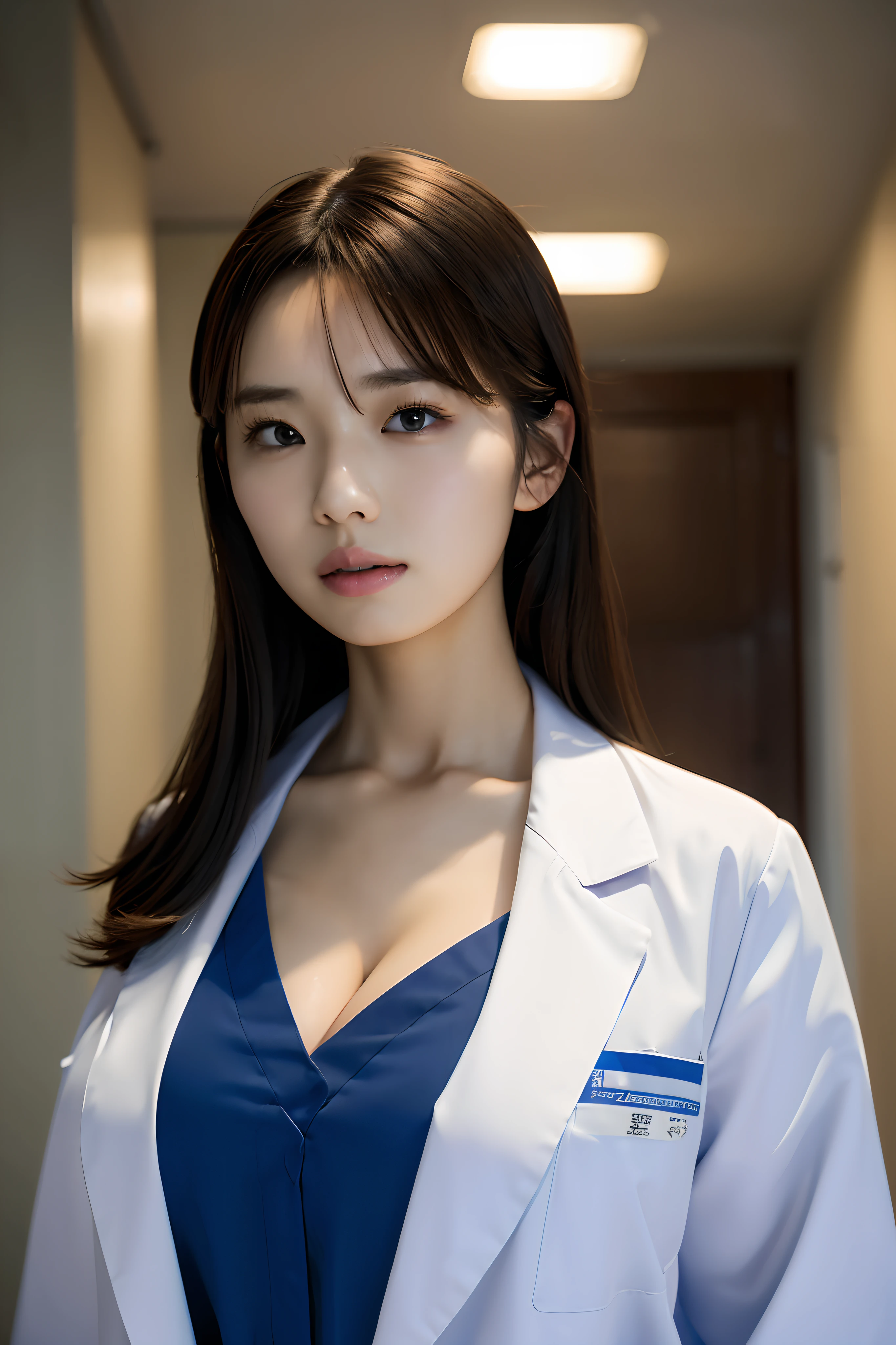 Photorealistic beautiful doctor、stunningly beautiful、Wearing the Doctor's lab coat over a shirt,, (top-quality、8K、32K、masterpiece、nffsw:1.3)、超A high resolution,(Photorealsitic:1.4),Raw photography, Detailed face,,Beautiful hair, ((Doctor Style)), , tight skirts、 Natural makeup, Breast cleavage, large full breasts、inside hospital, Detailed background, Perfect Lighting, depth of fields, Beautiful shadow gradient,stethoscope ,