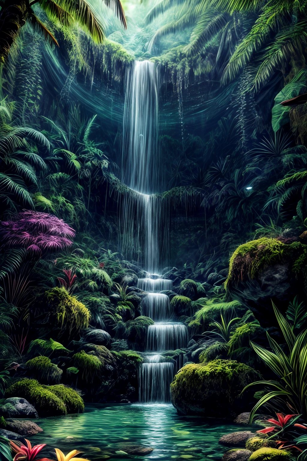 sunny tropical jungle vivid colors asymmetrical waterfall into shallow pool rough chiseled large moss covered boulders (colorful plants:1.2) volumetric fog high contrast
(masterpiece:1.2) (flat vector illustration:1.1) (best quality:1.2) (detailed) (intricate) (8k) (HDR) (wallpaper) (cinematic lighting) (sharp focus)