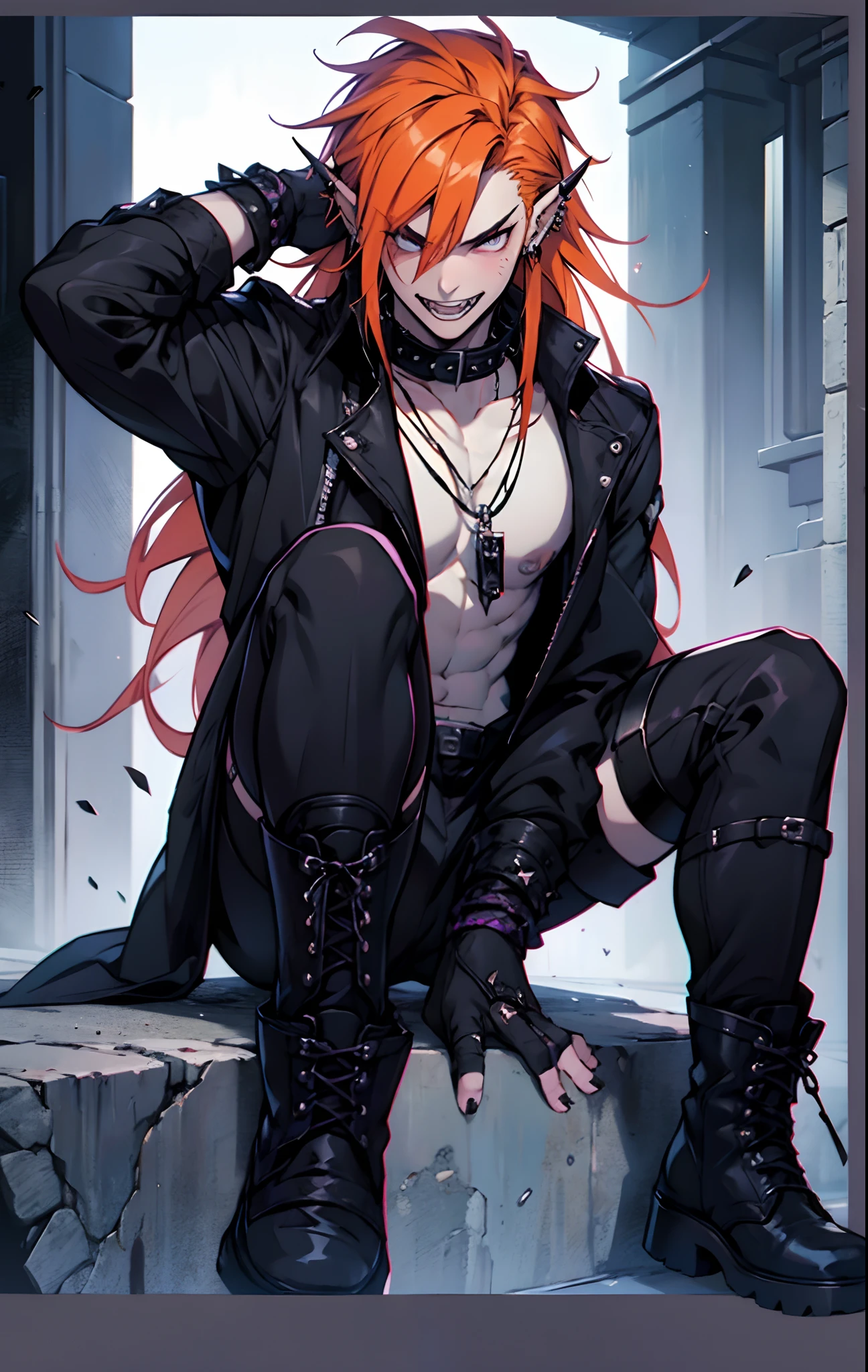 1boy, punk, punk boy, black clothes, black footwear, black gloves, blush, boots, collar, ear piercing, elbow gloves, emo, emo boy, fingerless gloves, legwear, fishnets, goth, goth boy, hair between eyes, jewelry, knee boots, long hair, looking at viewer, male, male only, necklace, open mouth, pointy ears, orange hair, black eyes, sharp teeth, very long hair, sitting, solo, spiked collar, teeth, thick eyebrows, thighhighs, smiling, smirking, tongue, tongue out, trap, purple light, purple lighting