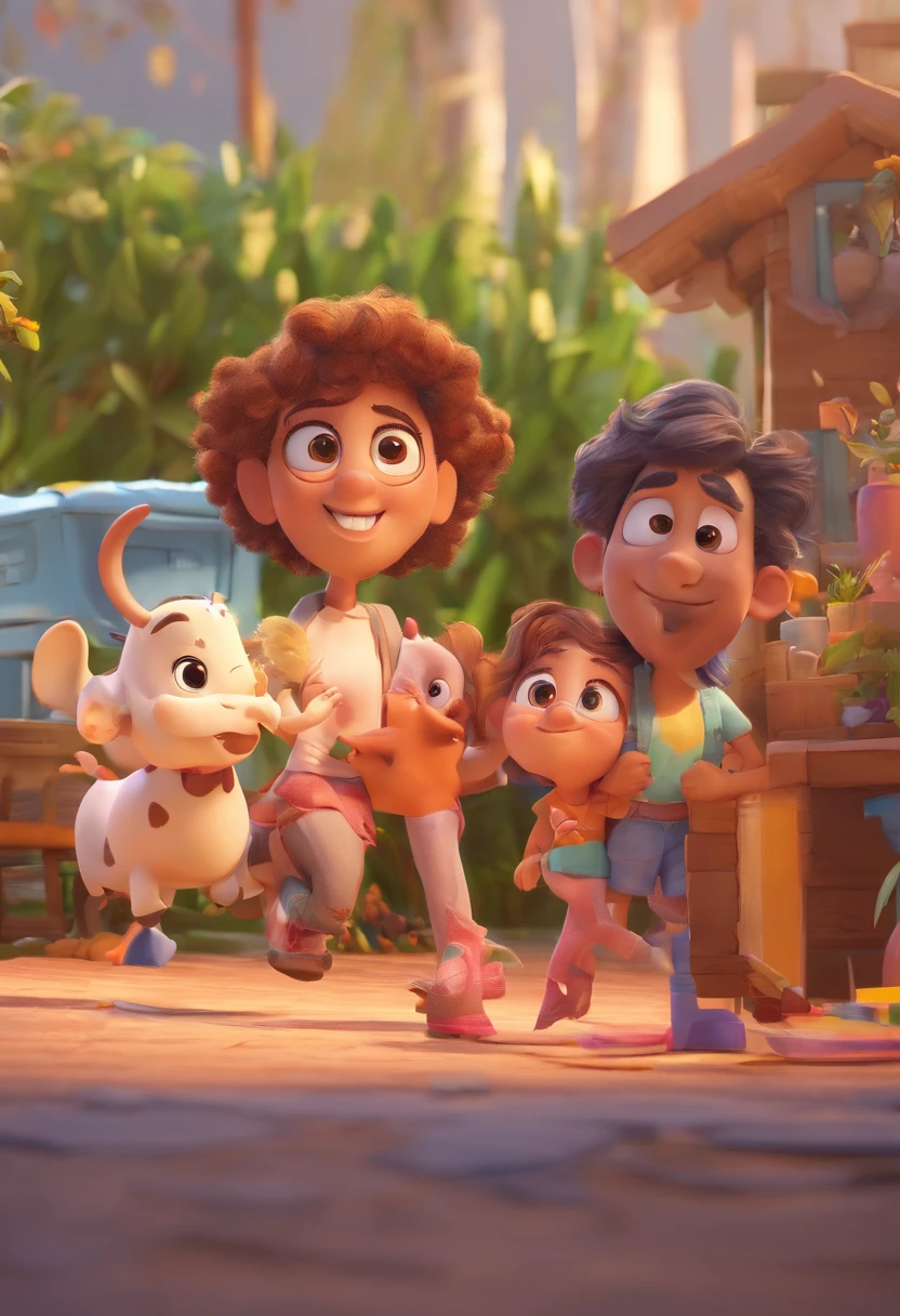 Estilo Pixar: Familia, Um pai, A mother and two girls. Uma de 6 anos e outro de 2 anos . Uma fazenda com vacas lindas e marrom .